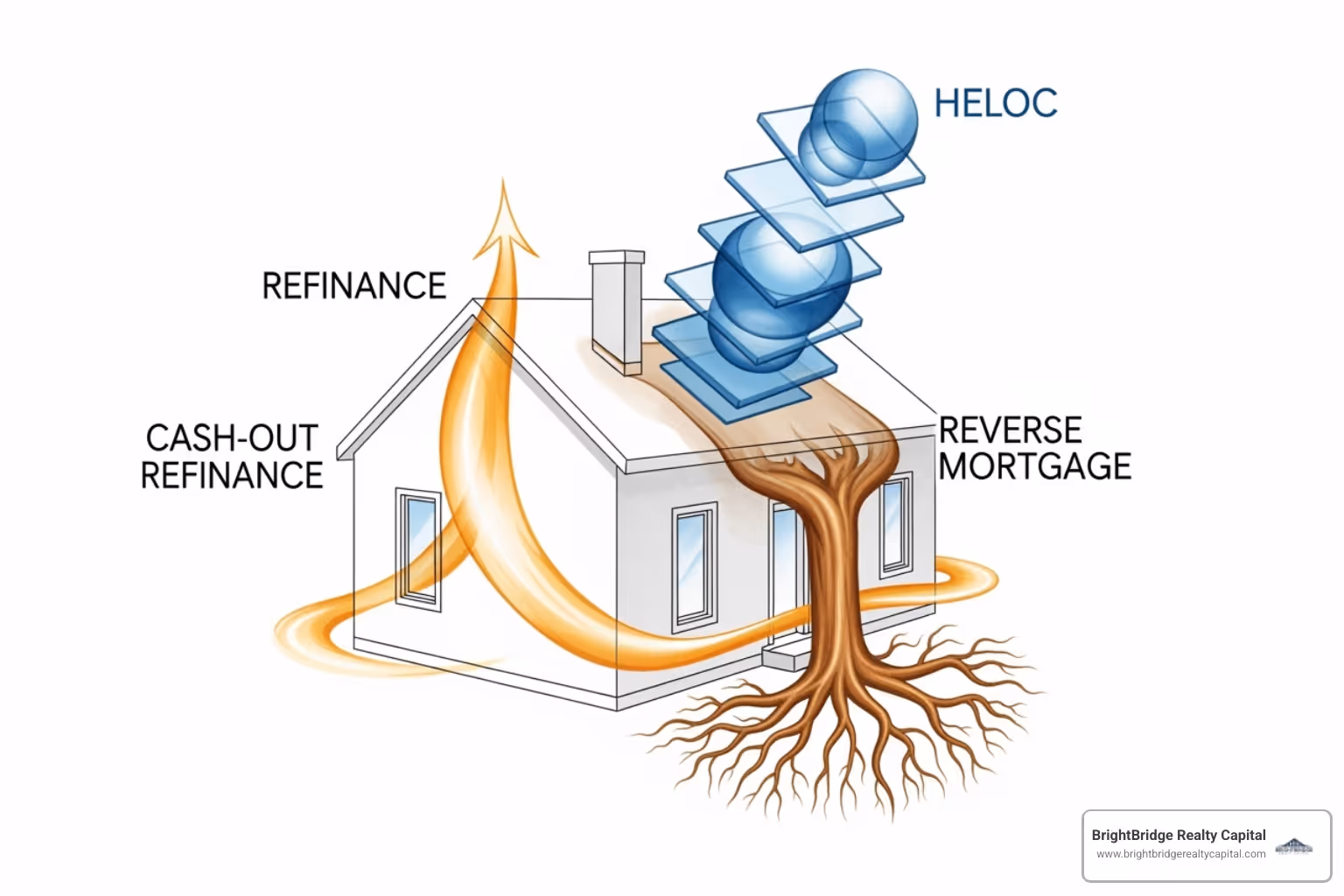 An image comparing different methods of accessing property equity, such as Cash-Out Refinance, HELOC, and Home Equity Loan, with brief descriptions of each. - cash out rental property