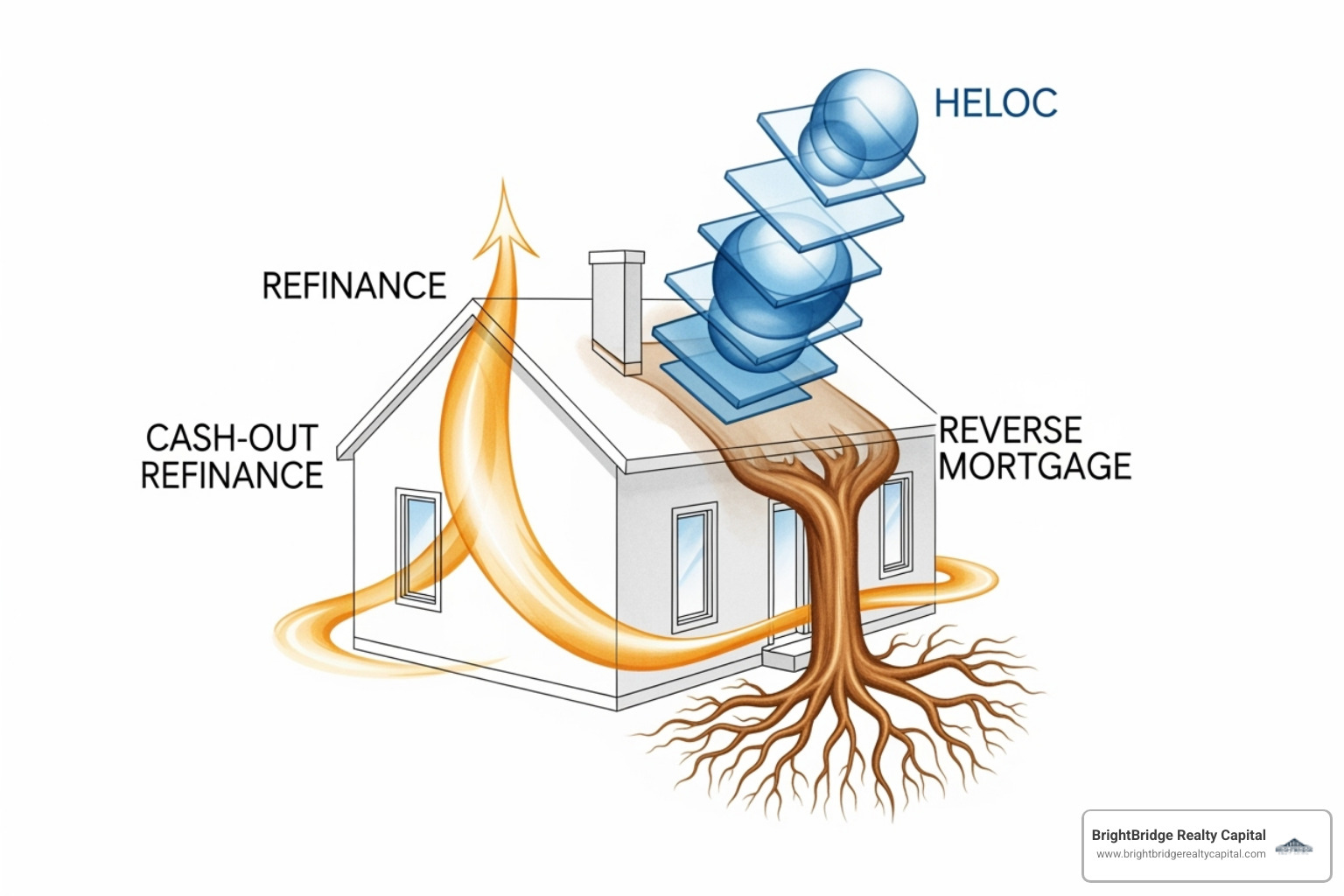 An image comparing different methods of accessing property equity, such as Cash-Out Refinance, HELOC, and Home Equity Loan, with brief descriptions of each. - cash out rental property