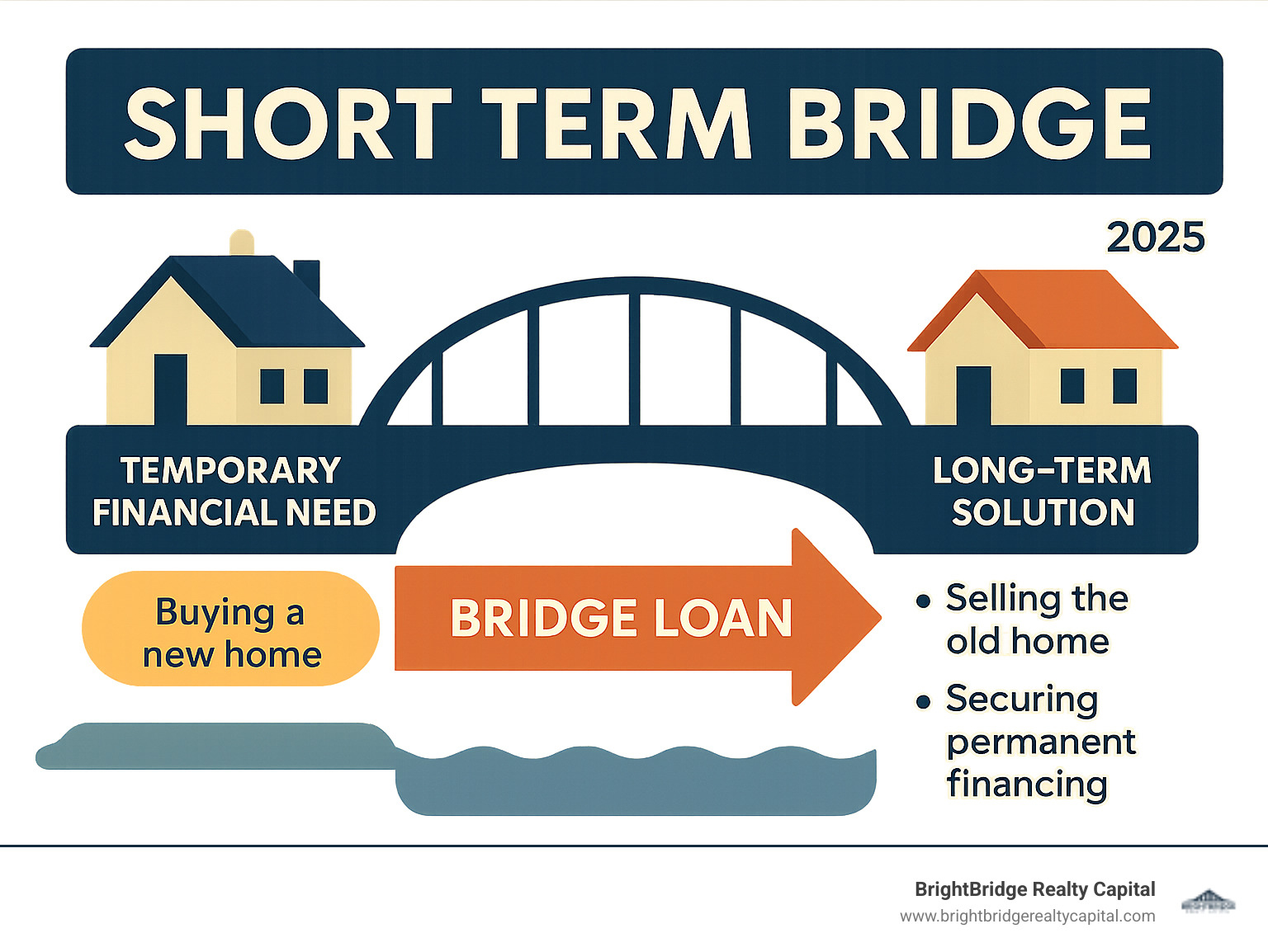 Infographic showing a bridge loan connecting a temporary financial need (like buying a new home) to a long-term solution (like selling the old home or securing permanent financing) - Short term bridge infographic 