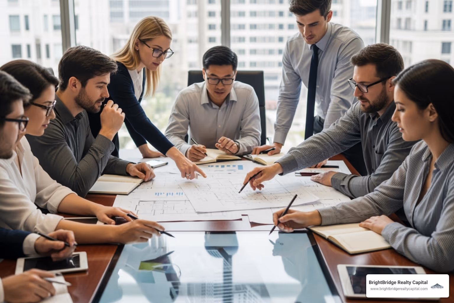 Diverse real estate investors reviewing blueprints - Short term bridge