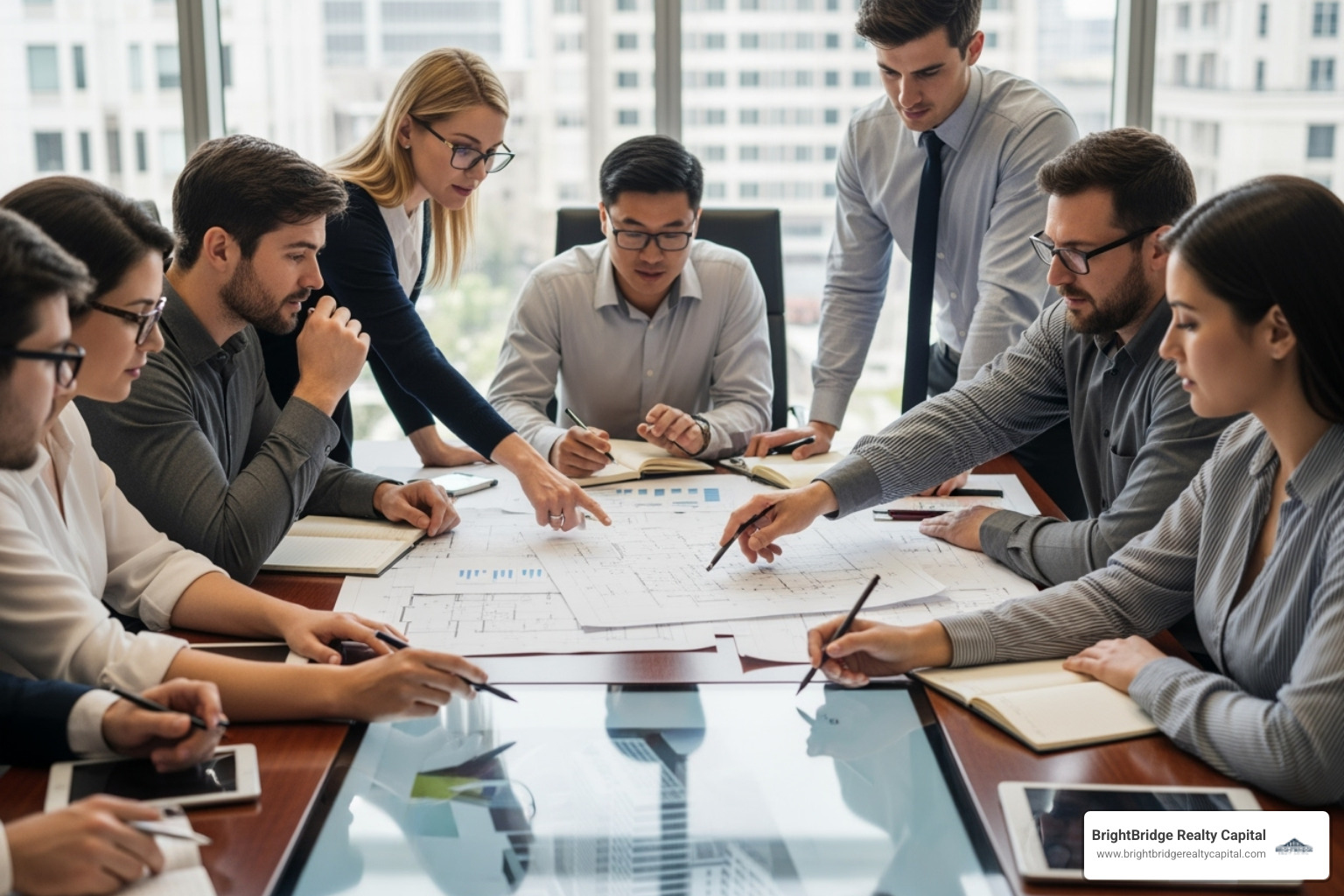 Diverse real estate investors reviewing blueprints - Short term bridge
