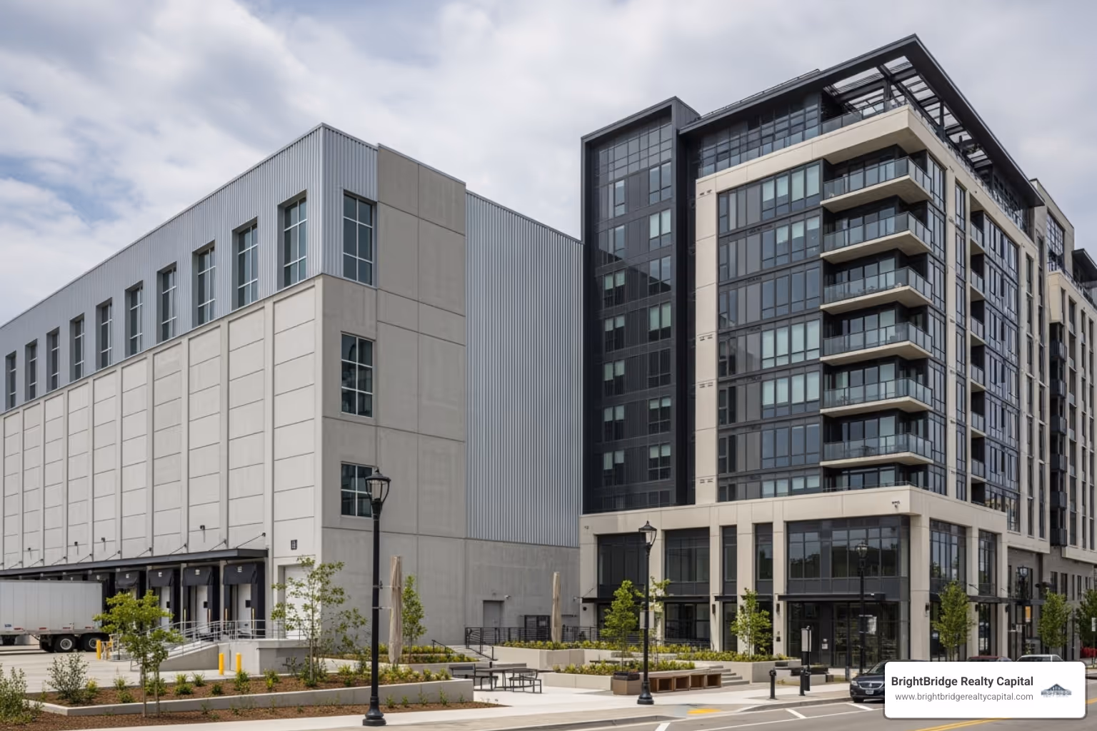 modern industrial warehouse and a luxury multifamily apartment building - private capital real estate