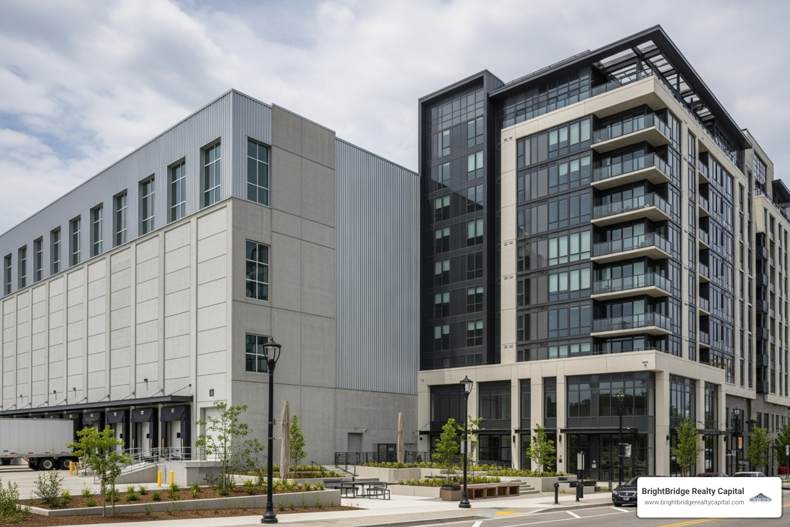 modern industrial warehouse and a luxury multifamily apartment building - private capital real estate