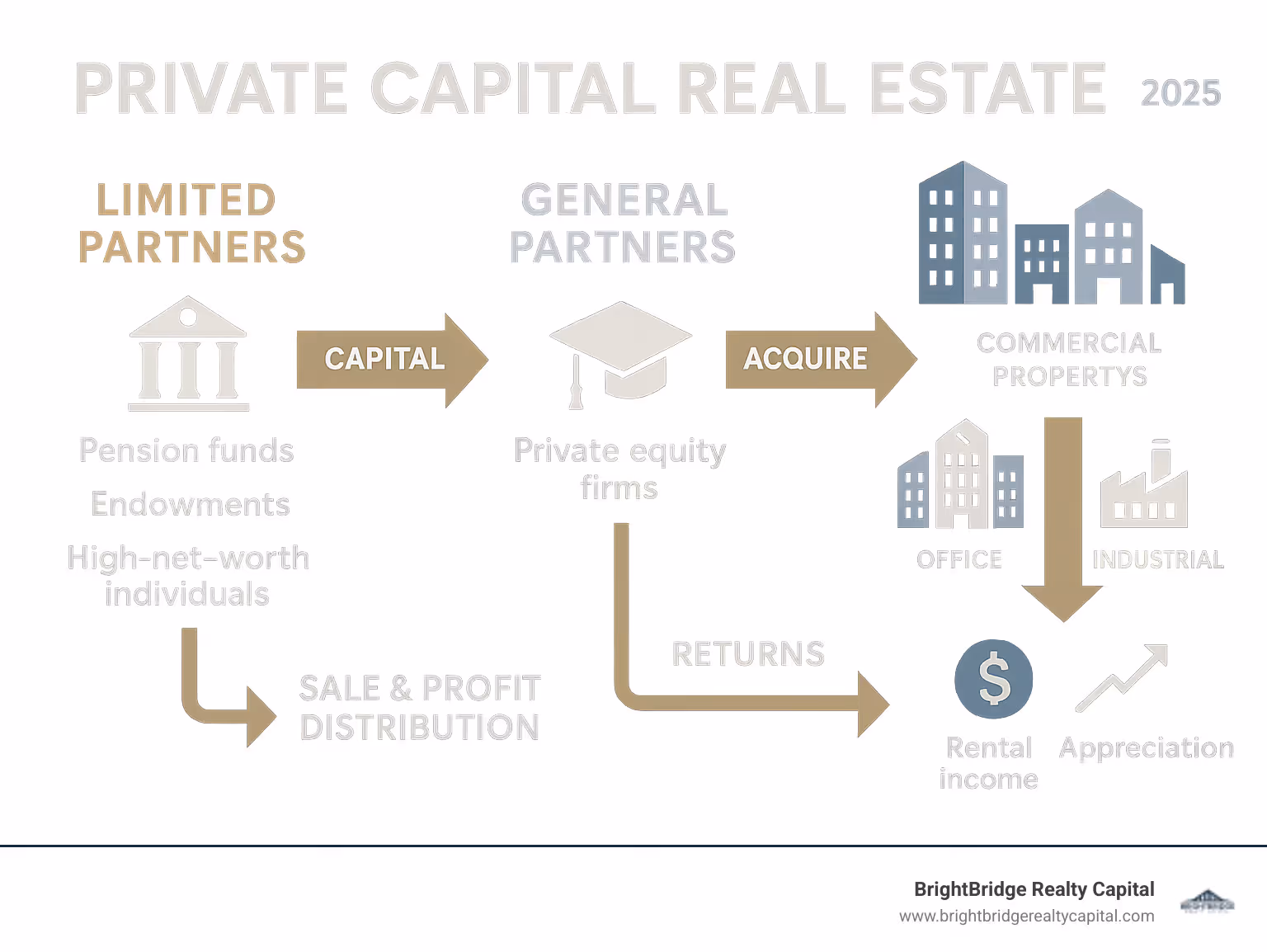 Detailed infographic showing the flow of private capital real estate investments: Limited Partners (pension funds, endowments, high-net-worth individuals) provide capital to General Partners (private equity firms) who use the funds to acquire and manage commercial properties (office buildings, multifamily complexes, industrial facilities) with the goal of generating returns through rental income and property appreciation before eventual sale and profit distribution back to investors - private capital real estate infographic 