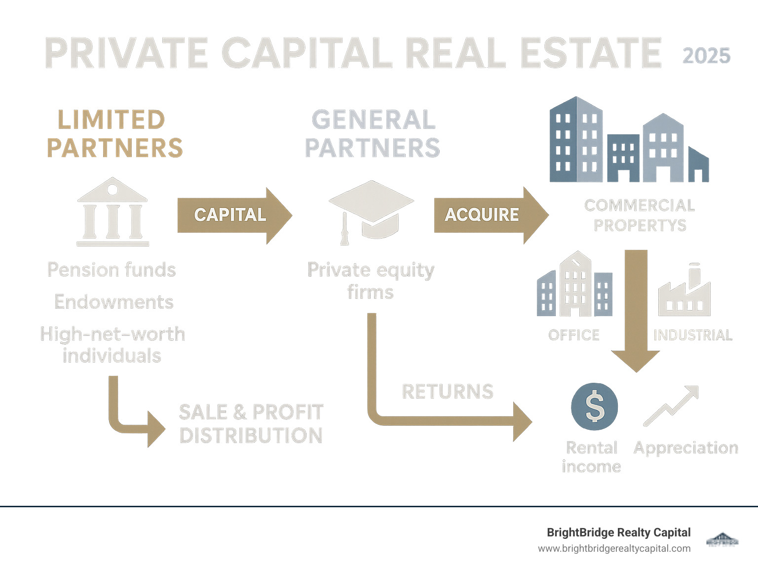 Detailed infographic showing the flow of private capital real estate investments: Limited Partners (pension funds, endowments, high-net-worth individuals) provide capital to General Partners (private equity firms) who use the funds to acquire and manage commercial properties (office buildings, multifamily complexes, industrial facilities) with the goal of generating returns through rental income and property appreciation before eventual sale and profit distribution back to investors - private capital real estate infographic 