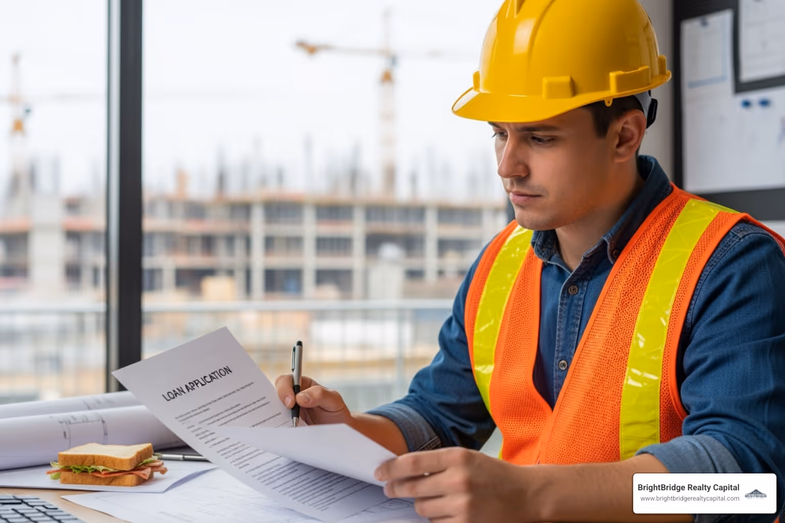 person reviewing loan application with hard hat - builder loan