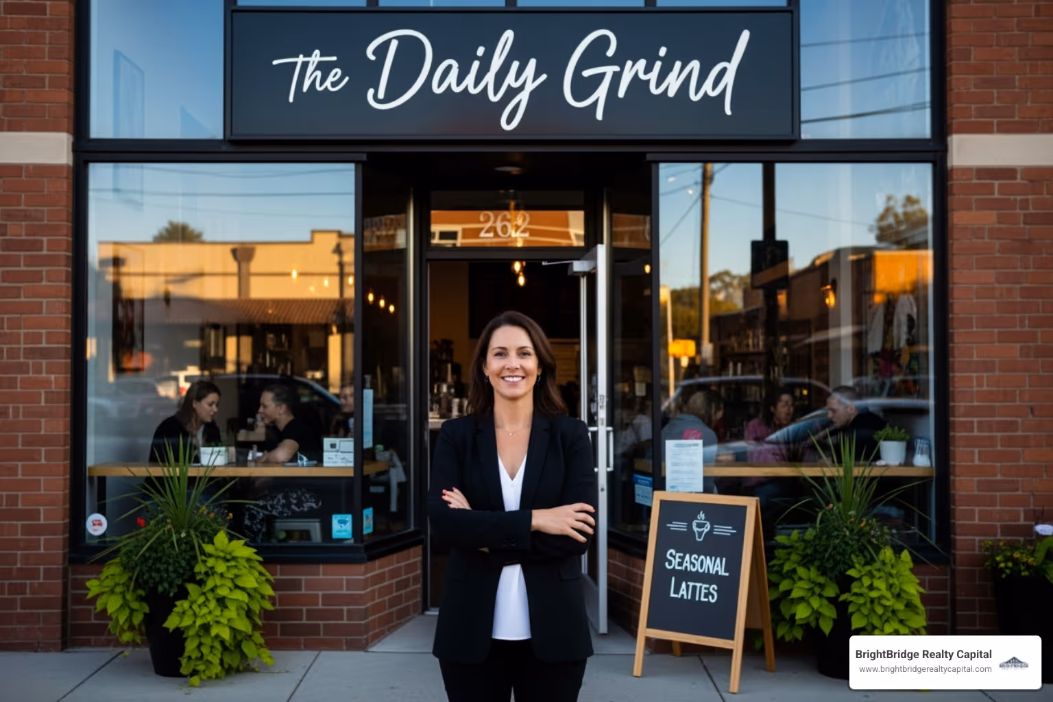 business owner standing proudly in front of their commercial property - commercial property loan
