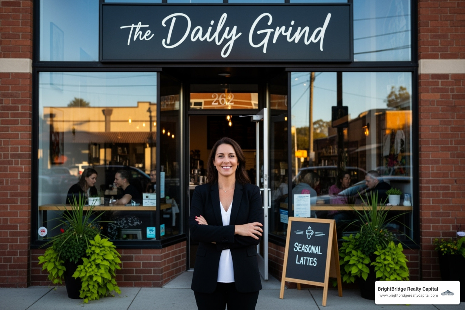 business owner standing proudly in front of their commercial property - commercial property loan