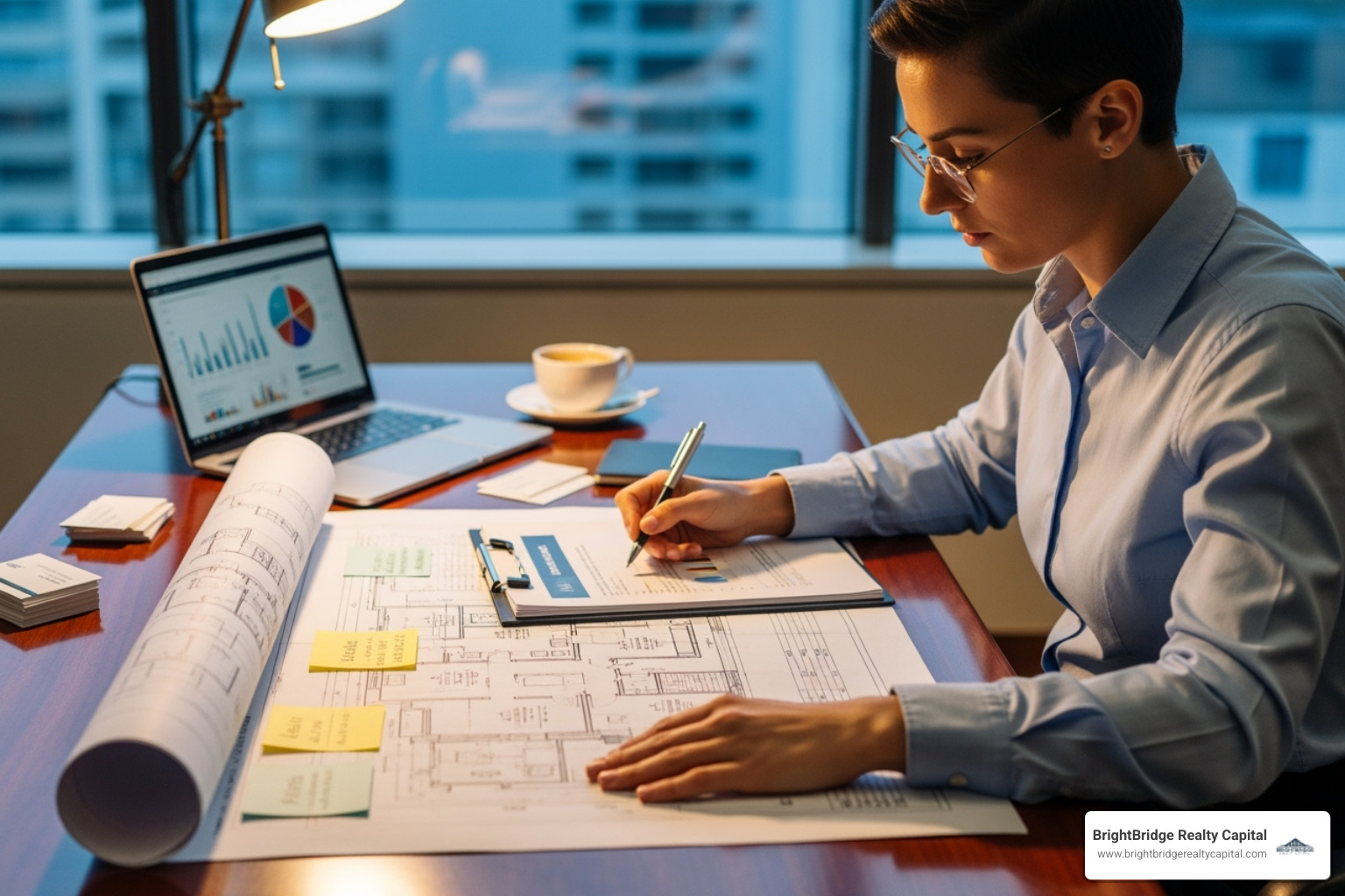 person reviewing financial documents and a property blueprint - commercial property loan