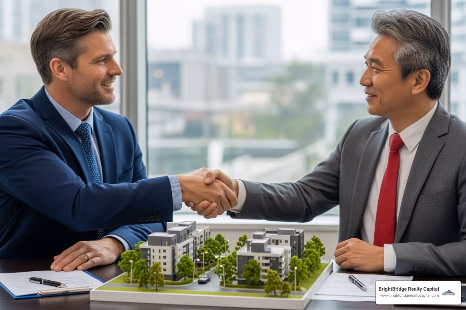 lender and an investor shaking hands over a property model - how to finance a short term rental