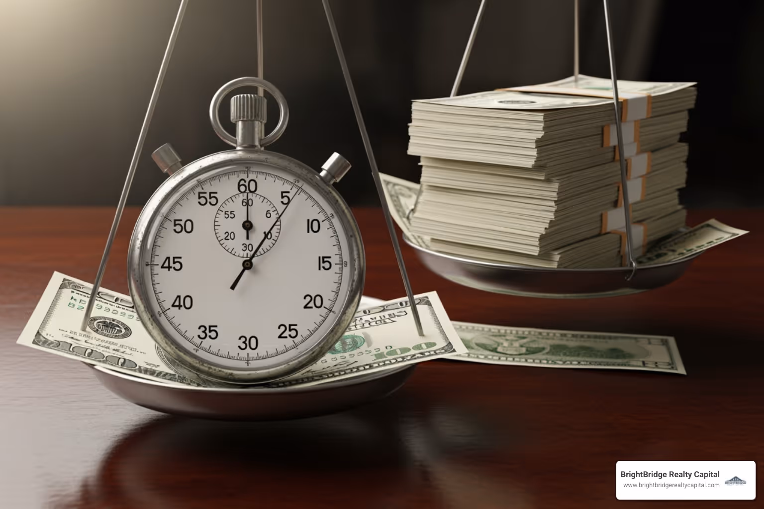 Image of a scale balancing a stopwatch on one side (speed) and a stack of money on the other (cost) - hard money loan