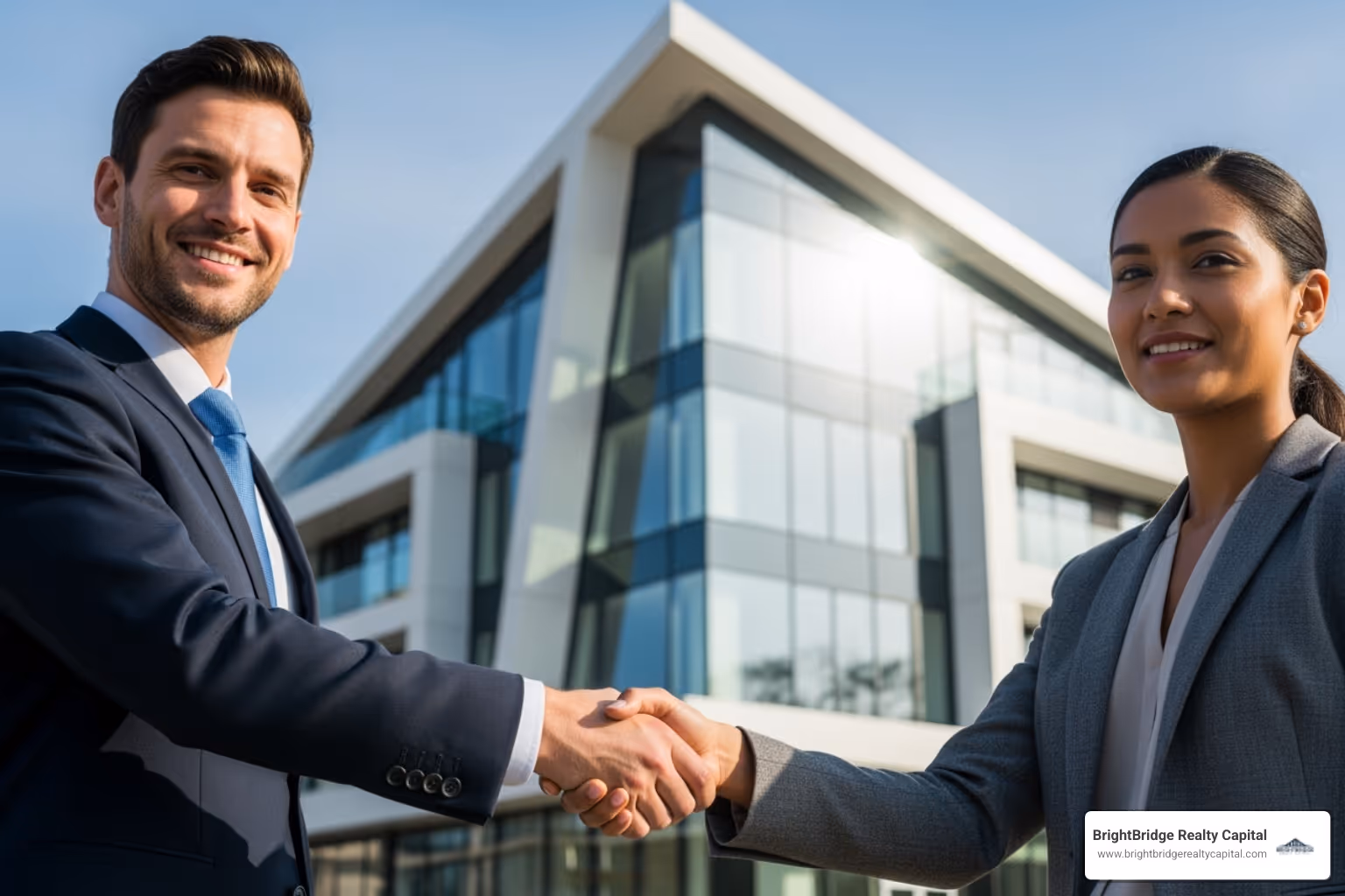 Image of a successful real estate project completion, with a handshake in the foreground and a modern building in the background - hard money loan