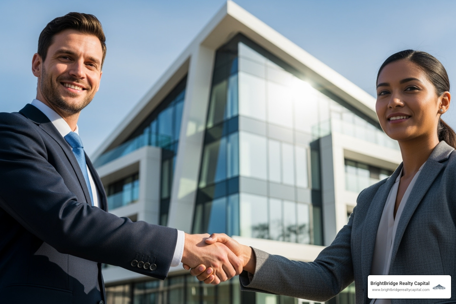 Image of a successful real estate project completion, with a handshake in the foreground and a modern building in the background - hard money loan