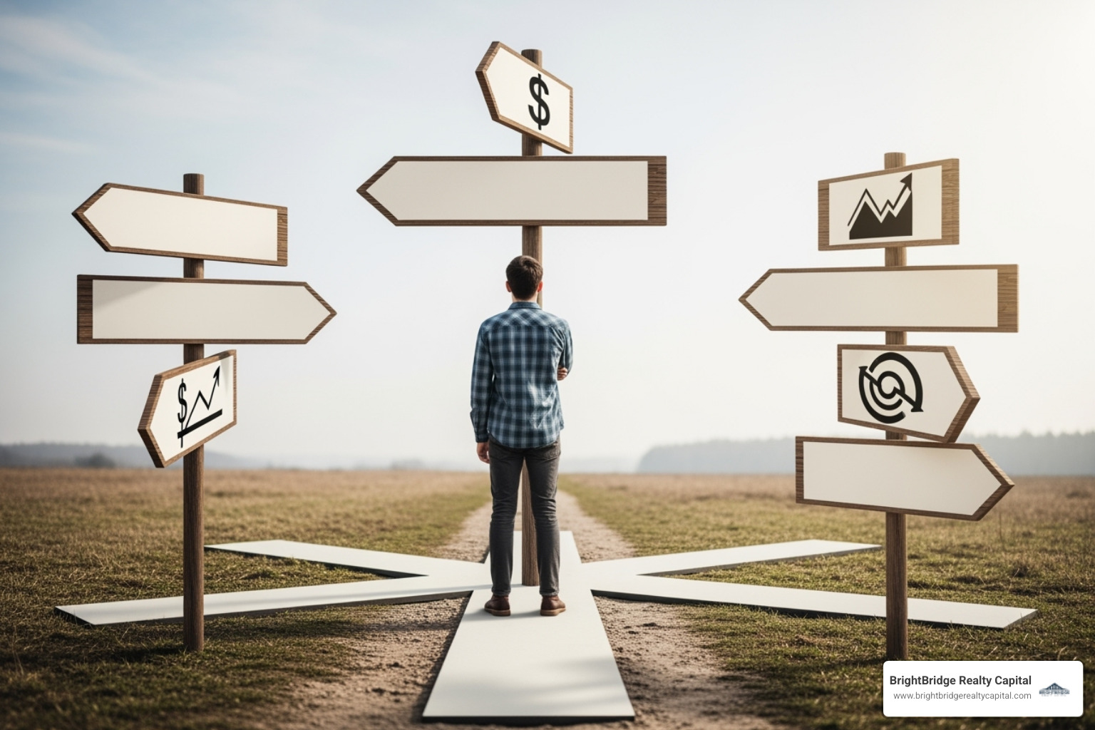 person at a crossroads looking at different signs labeled "Private Investment," "Crowdfunding," "Bridge Loan." - non traditional financing