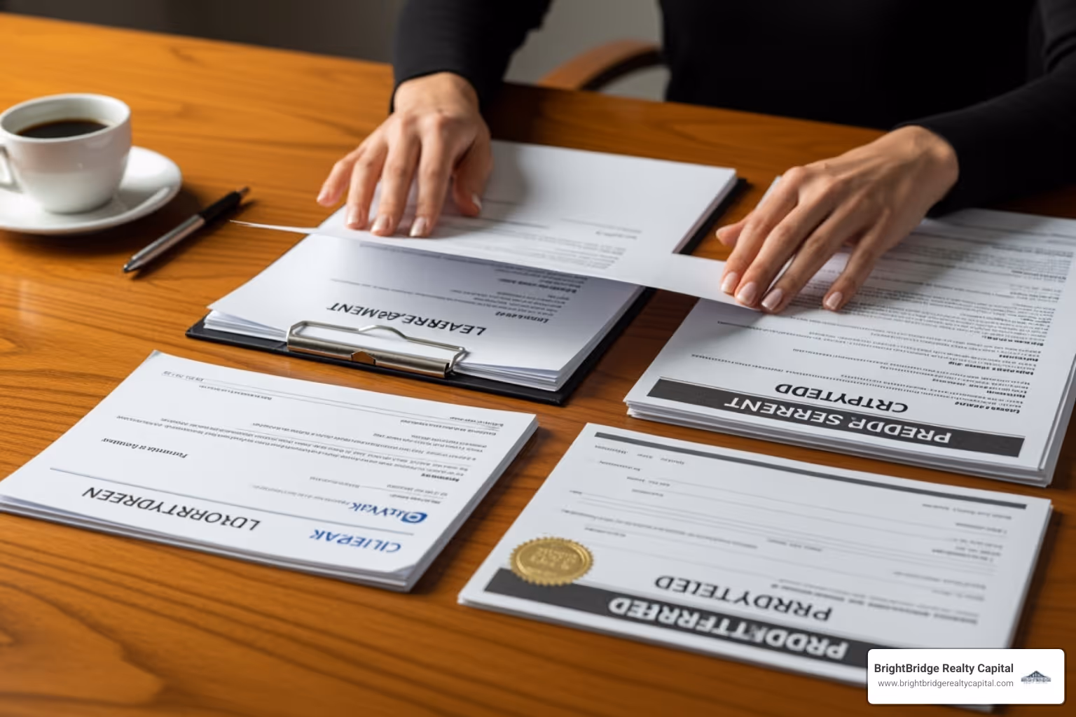 A person carefully organizing documents, including leases, bank statements, and property deeds, on a desk in preparation for a loan application - Rental portfolio financing