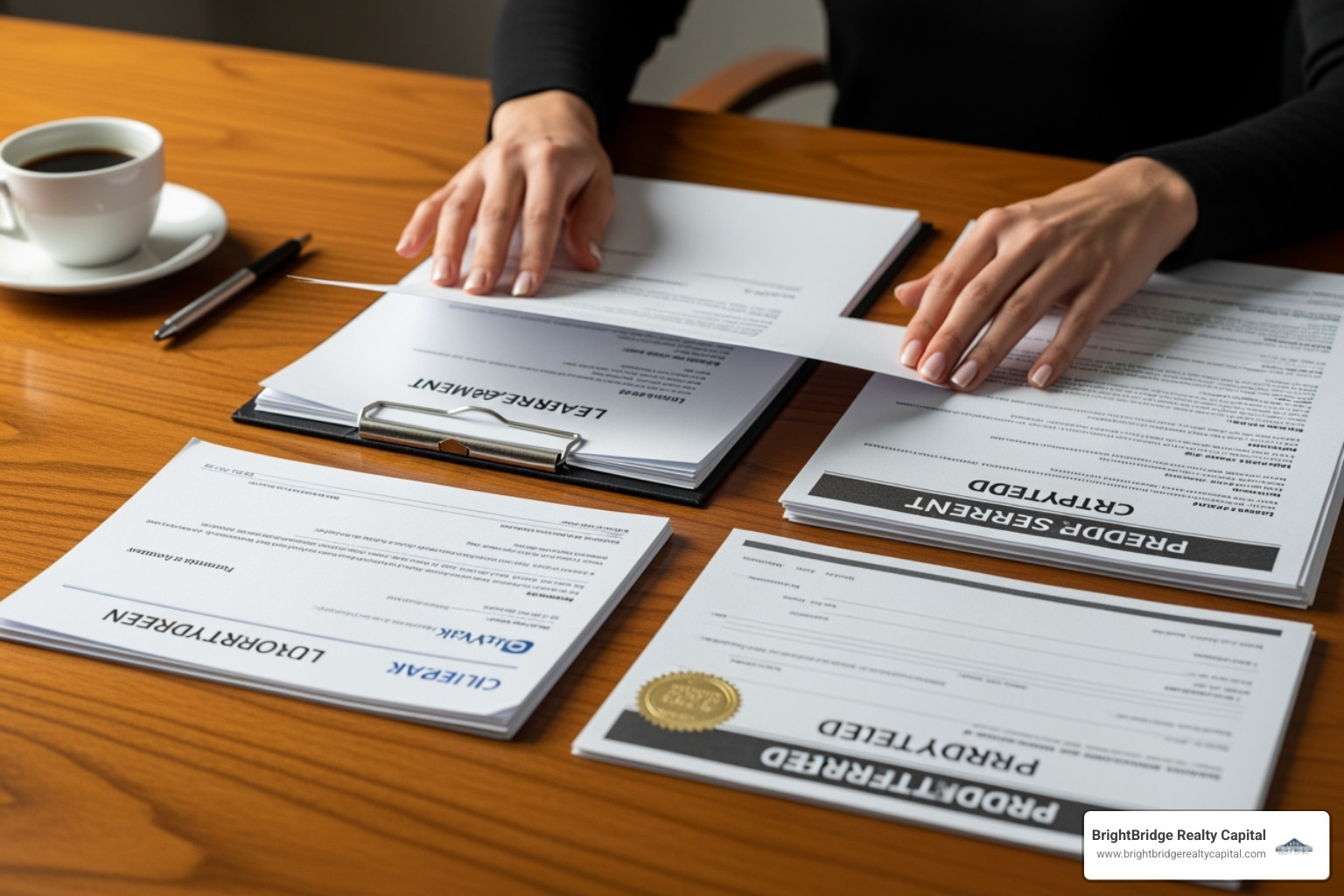 A person carefully organizing documents, including leases, bank statements, and property deeds, on a desk in preparation for a loan application - Rental portfolio financing