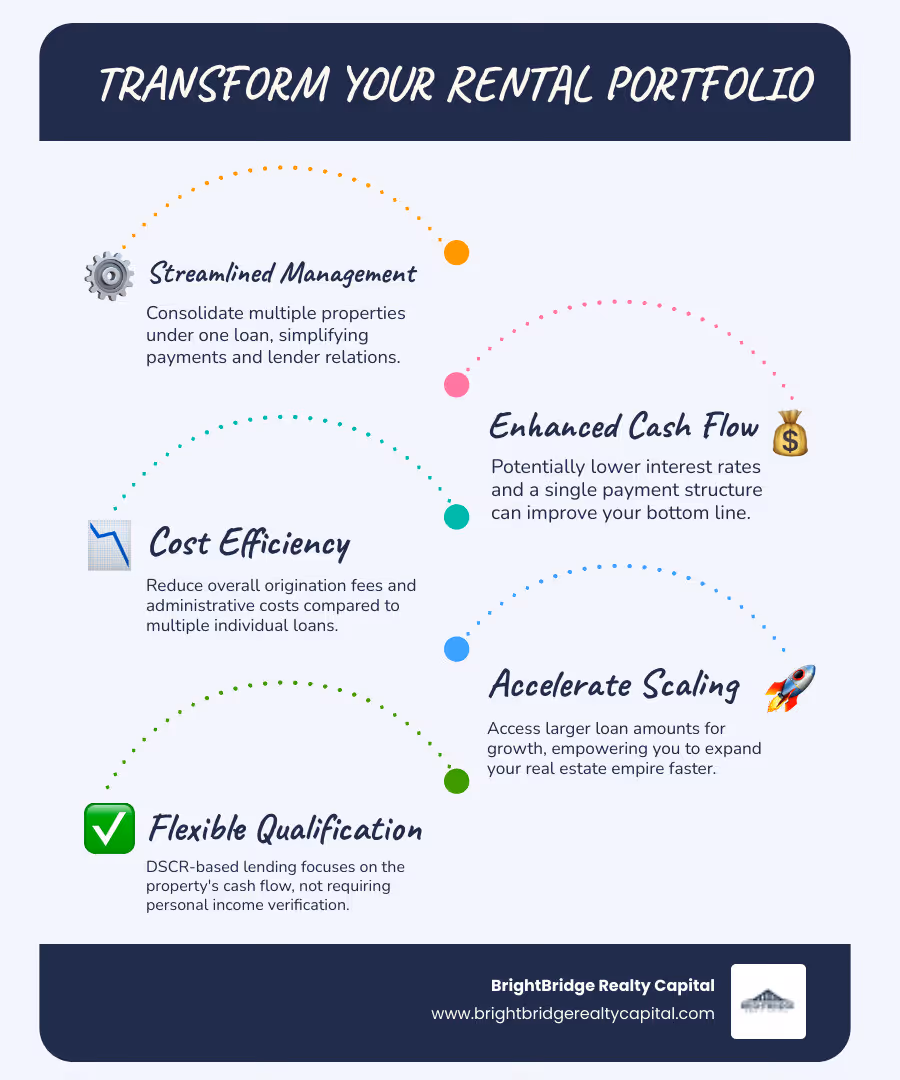 Infographic showing the change from managing 5+ individual rental property loans with separate payments, rates, and terms into one consolidated portfolio loan with unified management, potentially lower costs, improved cash flow, and streamlined scaling opportunities - Rental portfolio financing infographic infographic-line-5-steps-blues-accent_colors