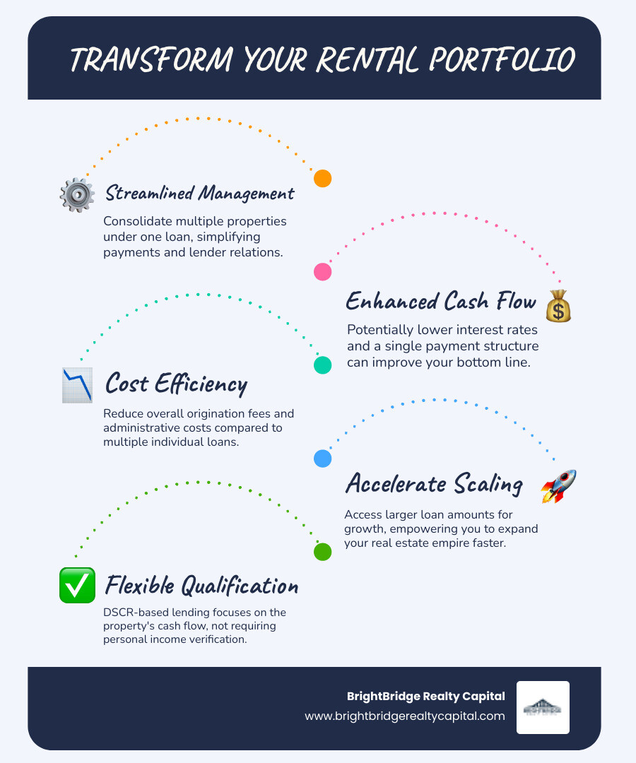 Infographic showing the change from managing 5+ individual rental property loans with separate payments, rates, and terms into one consolidated portfolio loan with unified management, potentially lower costs, improved cash flow, and streamlined scaling opportunities - Rental portfolio financing infographic infographic-line-5-steps-blues-accent_colors
