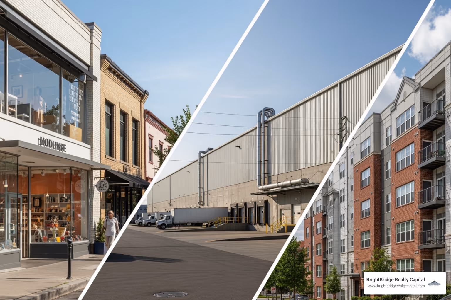 collage of different commercial properties: a retail storefront, an industrial warehouse, and a multi-family apartment building - Commercial investment loan