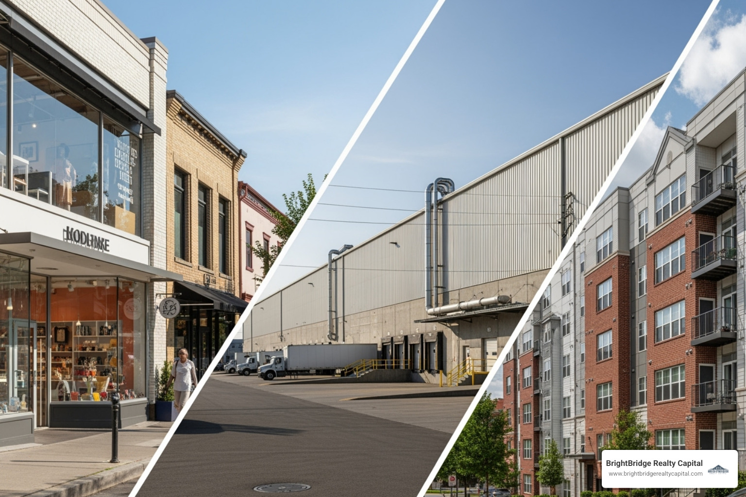 collage of different commercial properties: a retail storefront, an industrial warehouse, and a multi-family apartment building - Commercial investment loan