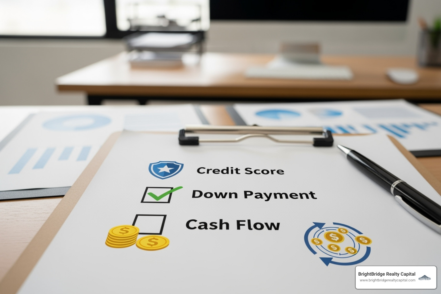checklist with icons for credit score, down payment, and cash flow - Commercial investment loan