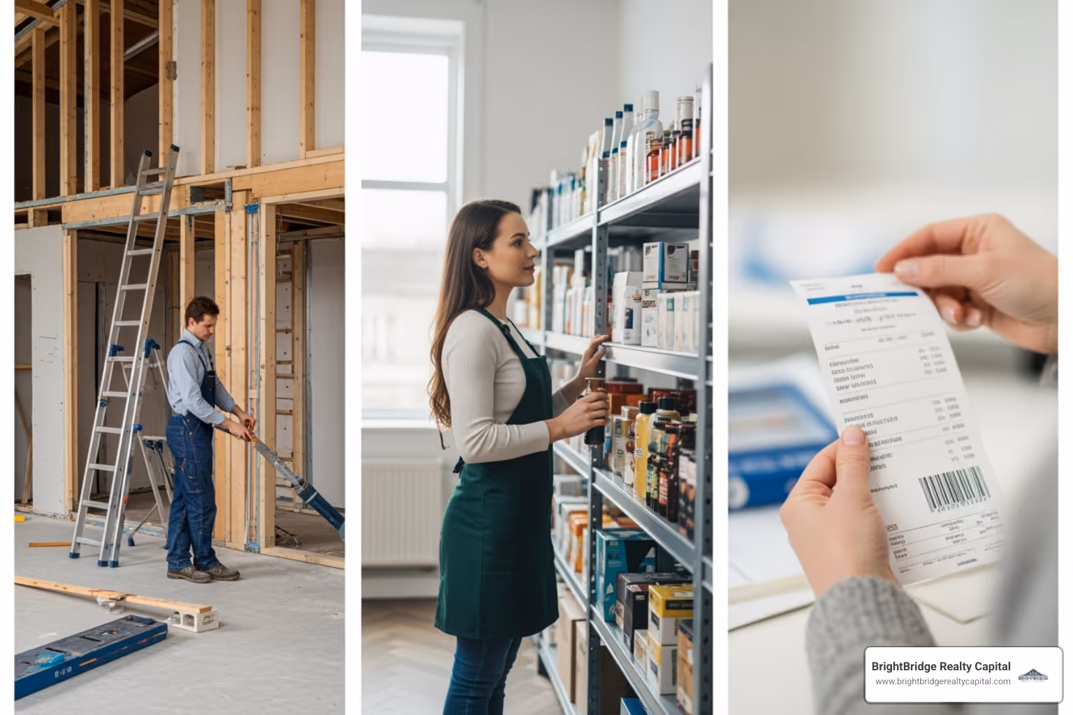 different loan purposes like a home renovation, a business owner stocking shelves, and a person with a medical bill - quick turnaround loans