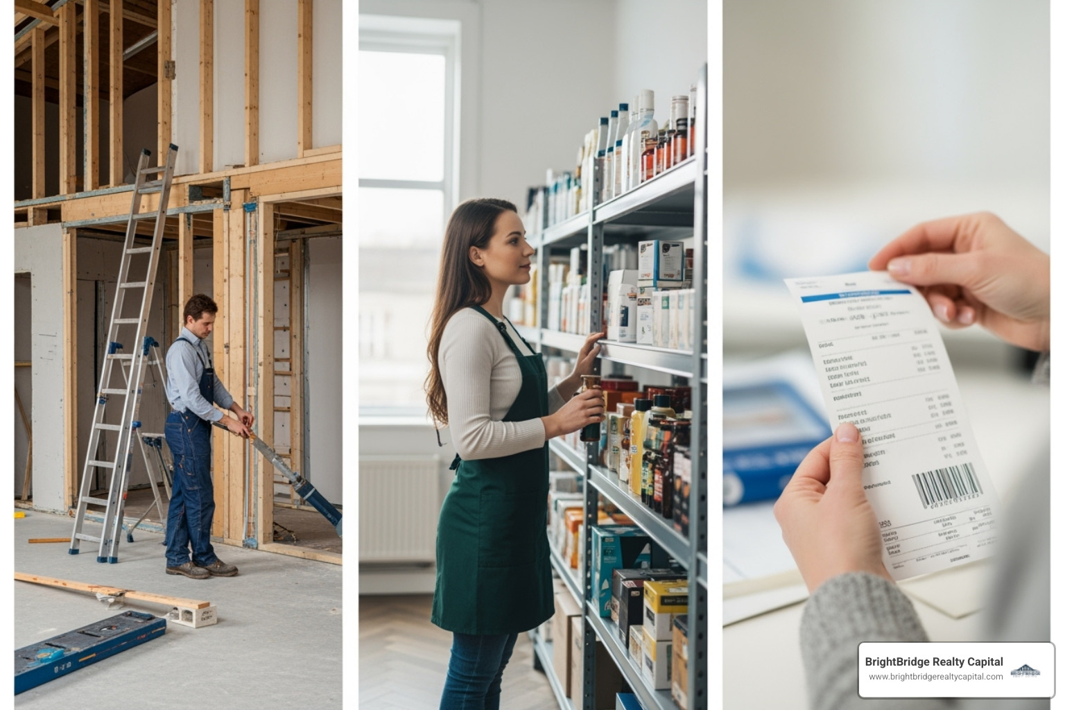 different loan purposes like a home renovation, a business owner stocking shelves, and a person with a medical bill - quick turnaround loans