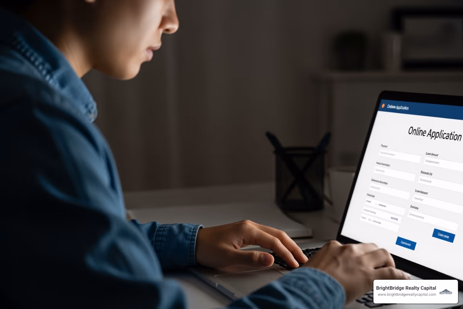 A person is submitting an online loan application on a laptop, symbolizing the application process - flexible bridge loans