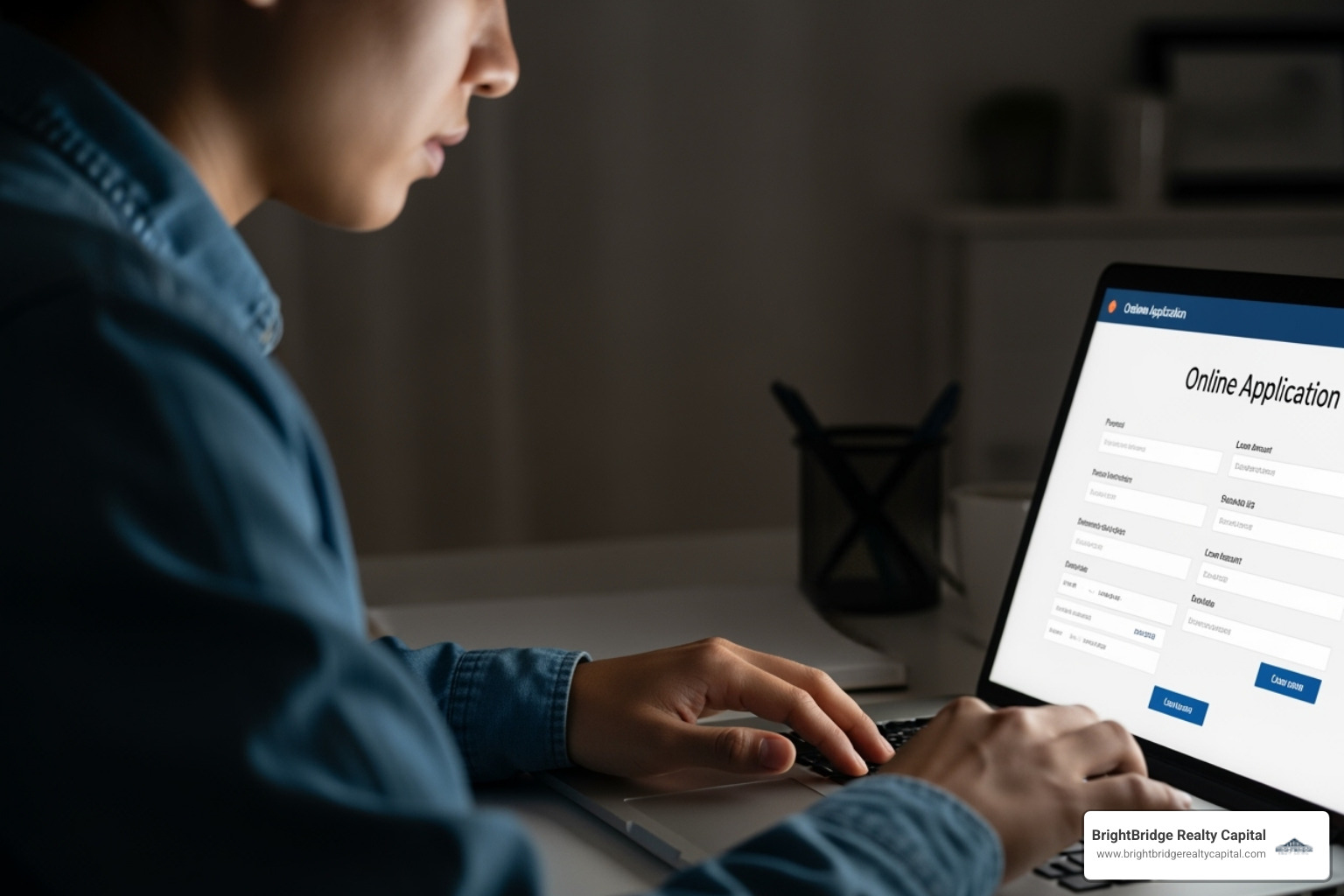 A person is submitting an online loan application on a laptop, symbolizing the application process - flexible bridge loans