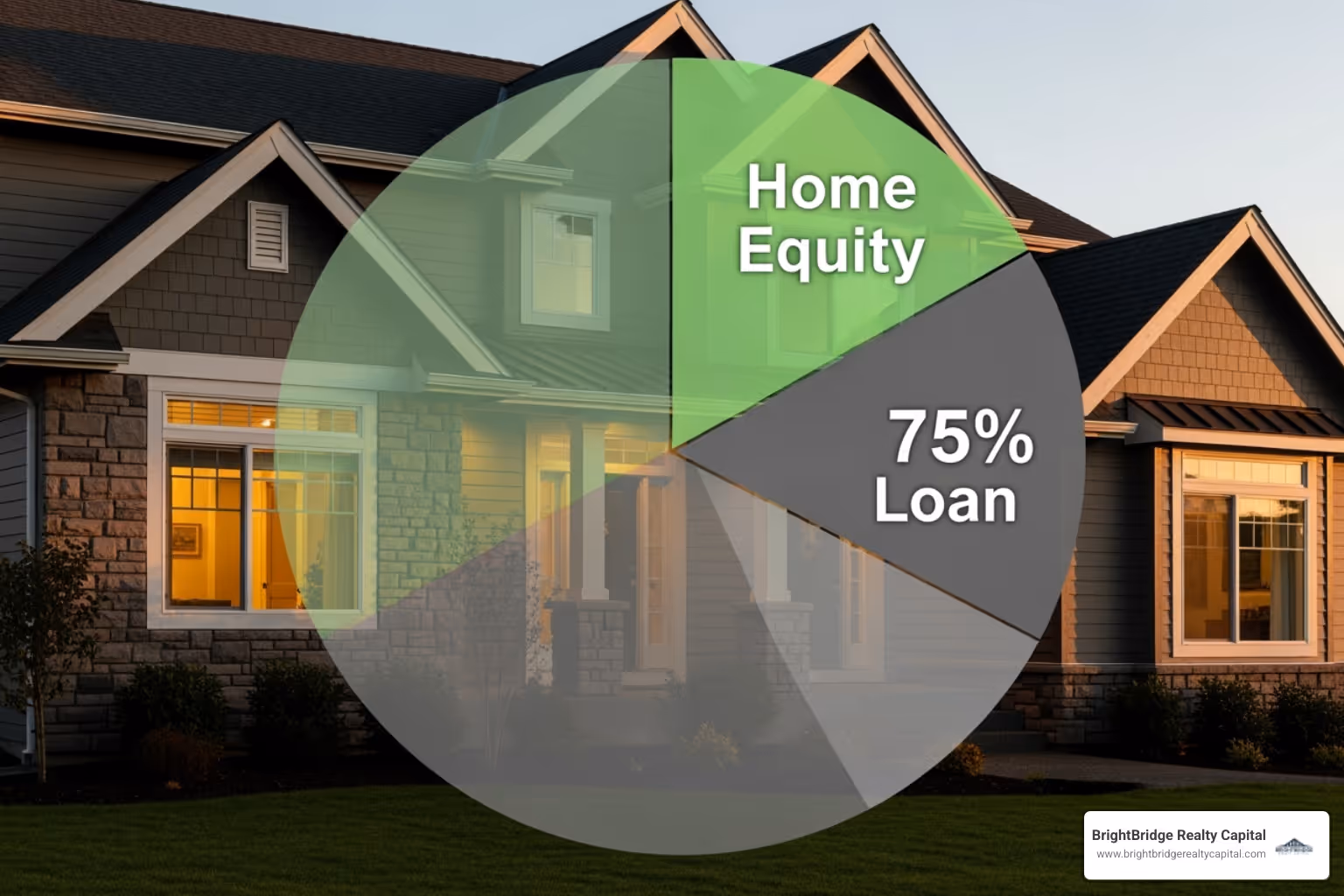 A house with a pie chart highlighting 75% equity, symbolizing equity-based lending - flexible bridge loans