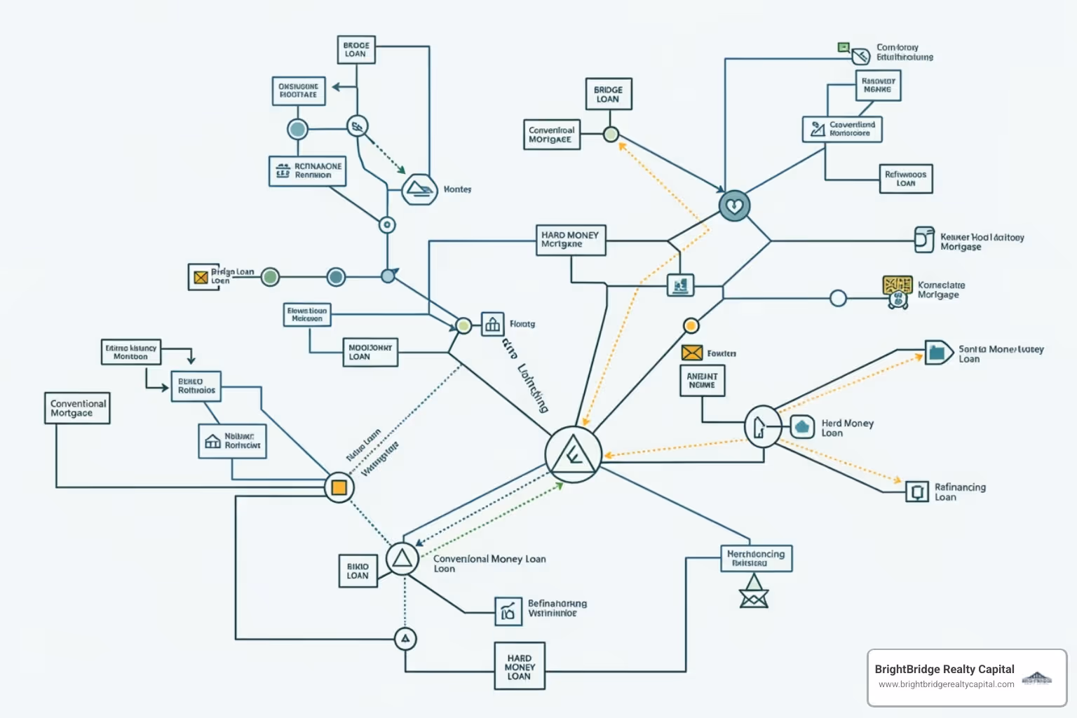 Flowchart showing different loan paths for investors, including conventional, government-backed, DSCR, portfolio, blanket, and alternative financing options - rental property loan programs
