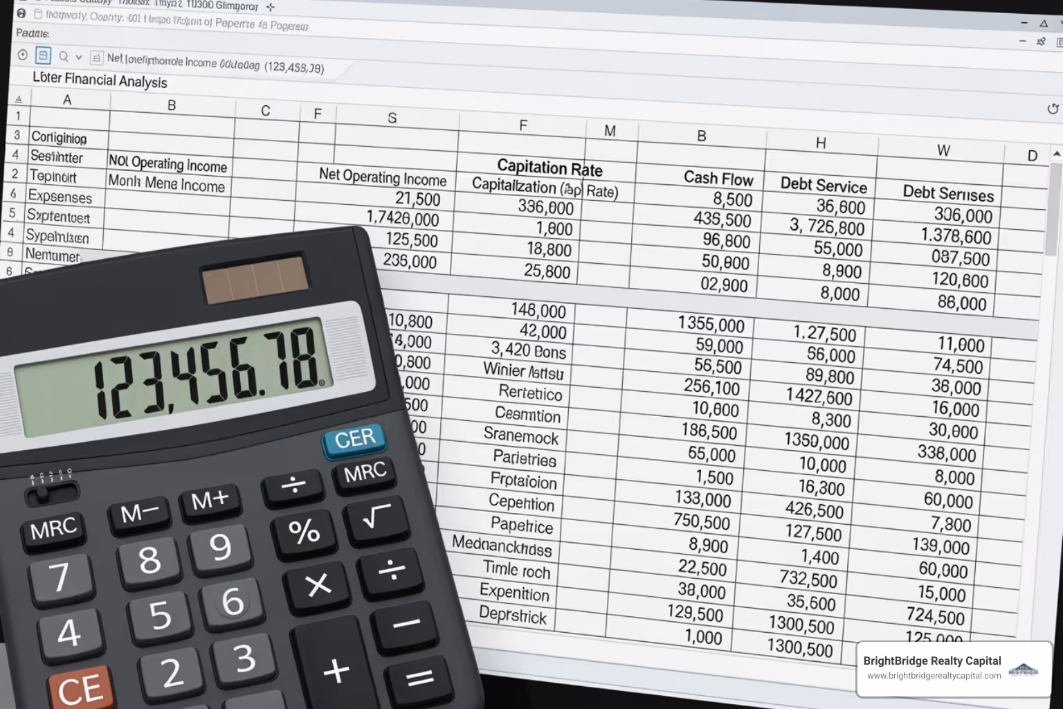 Calculator and a property analysis spreadsheet, showing various financial metrics being analyzed - rental property loan programs