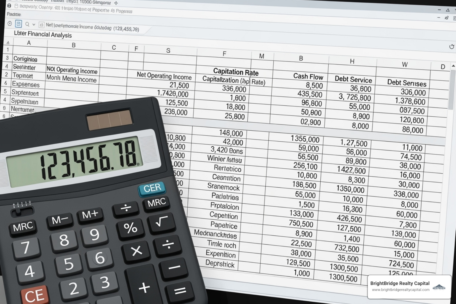 Calculator and a property analysis spreadsheet, showing various financial metrics being analyzed - rental property loan programs