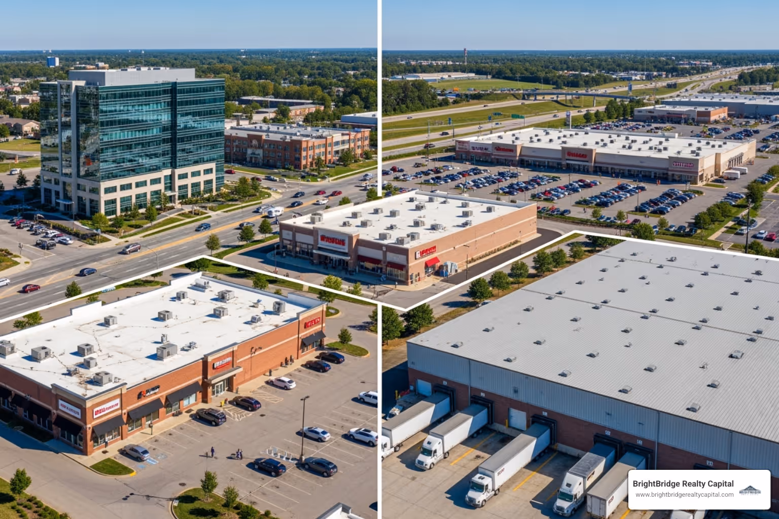 Different types of commercial properties including office, retail, and industrial buildings - commercial property development