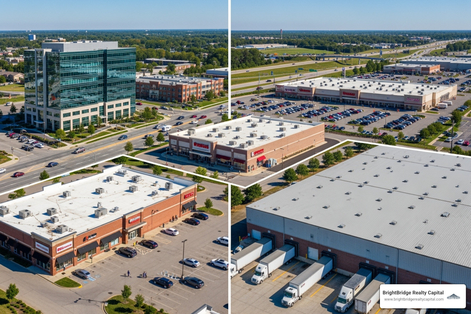 Different types of commercial properties including office, retail, and industrial buildings - commercial property development