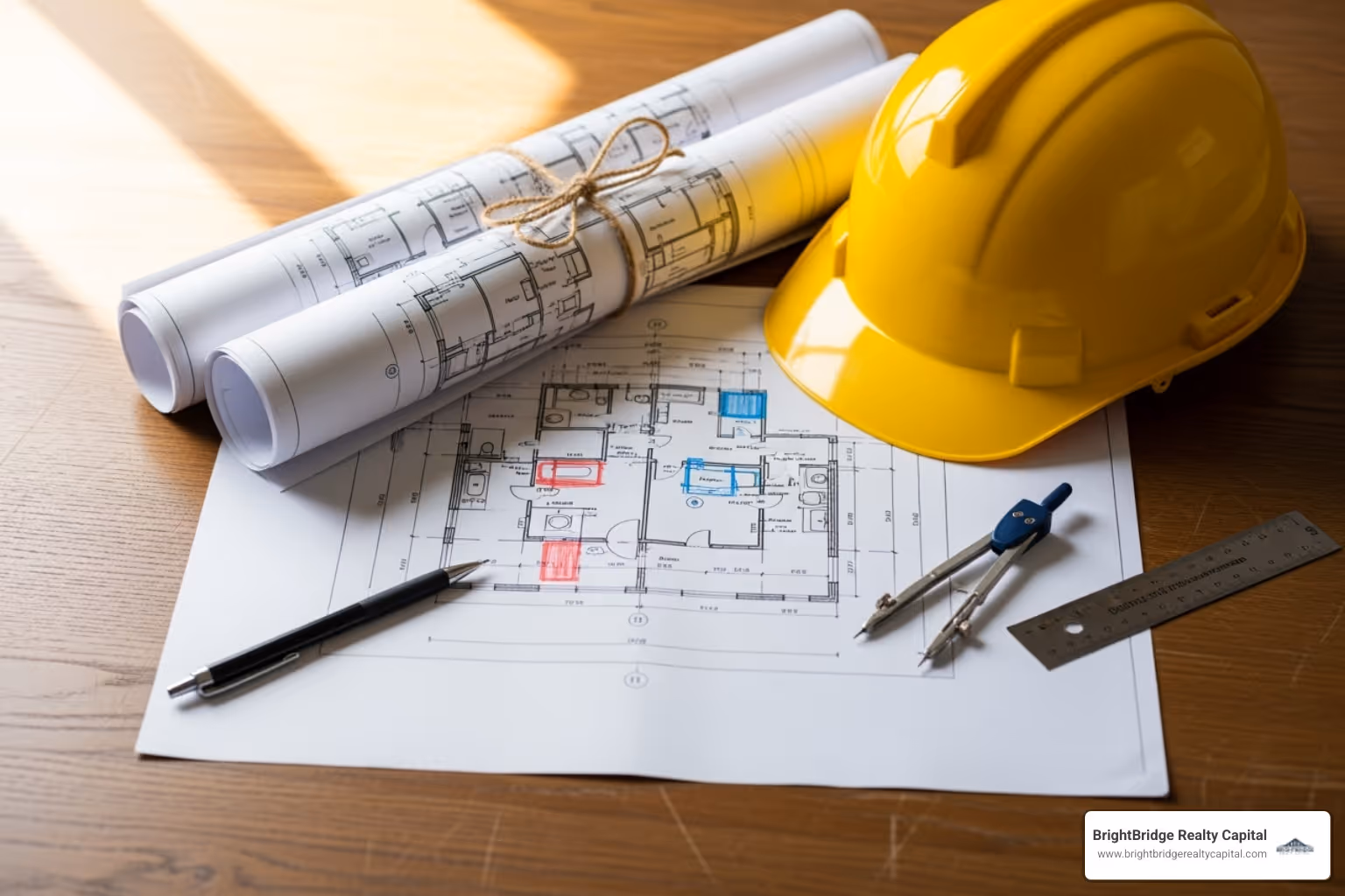 architectural blueprints and a hard hat on a table - commercial property development