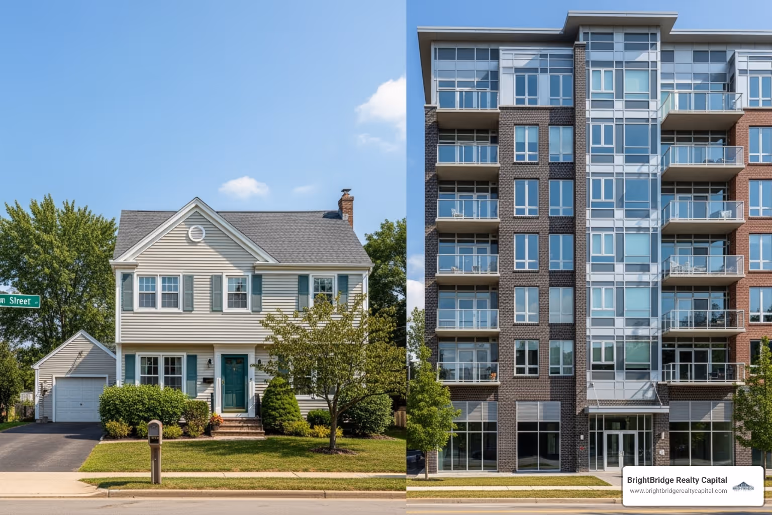 A graphic comparing a residential home and a commercial multi-family building - bridge loan application