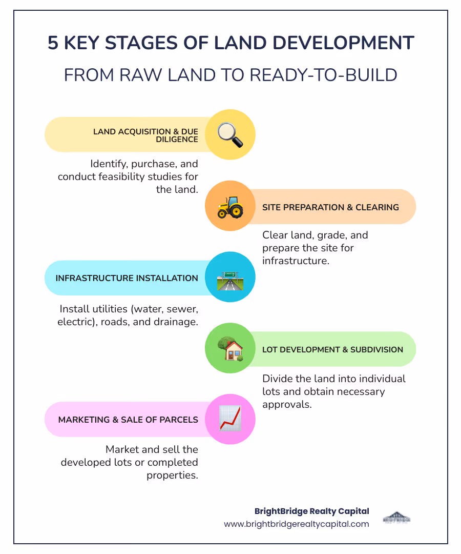 Comprehensive infographic showing the 5 key stages of a land development project: Stage 1 - Land Acquisition and Due Diligence, Stage 2 - Site Preparation and Clearing, Stage 3 - Infrastructure Installation (utilities, roads, drainage), Stage 4 - Lot Development and Subdivision, Stage 5 - Marketing and Sale of Developed Parcels - land development loan infographic infographic-line-5-steps-colors