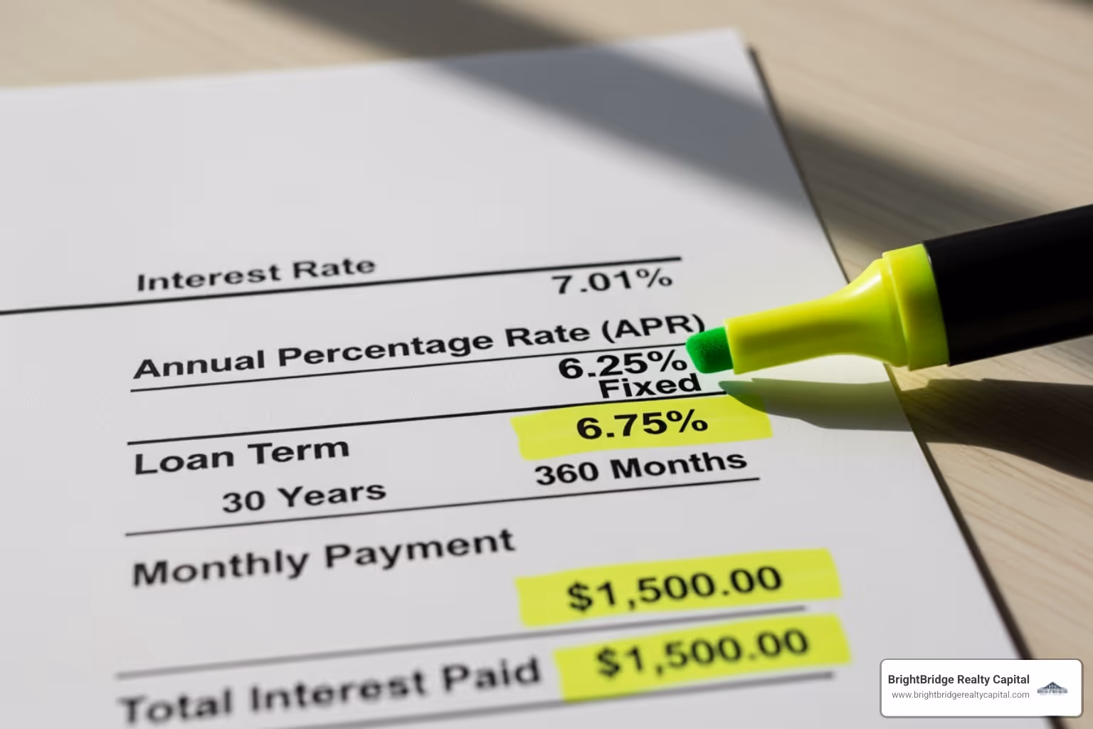 A financial document with highlighted interest rates and loan terms - land development loan