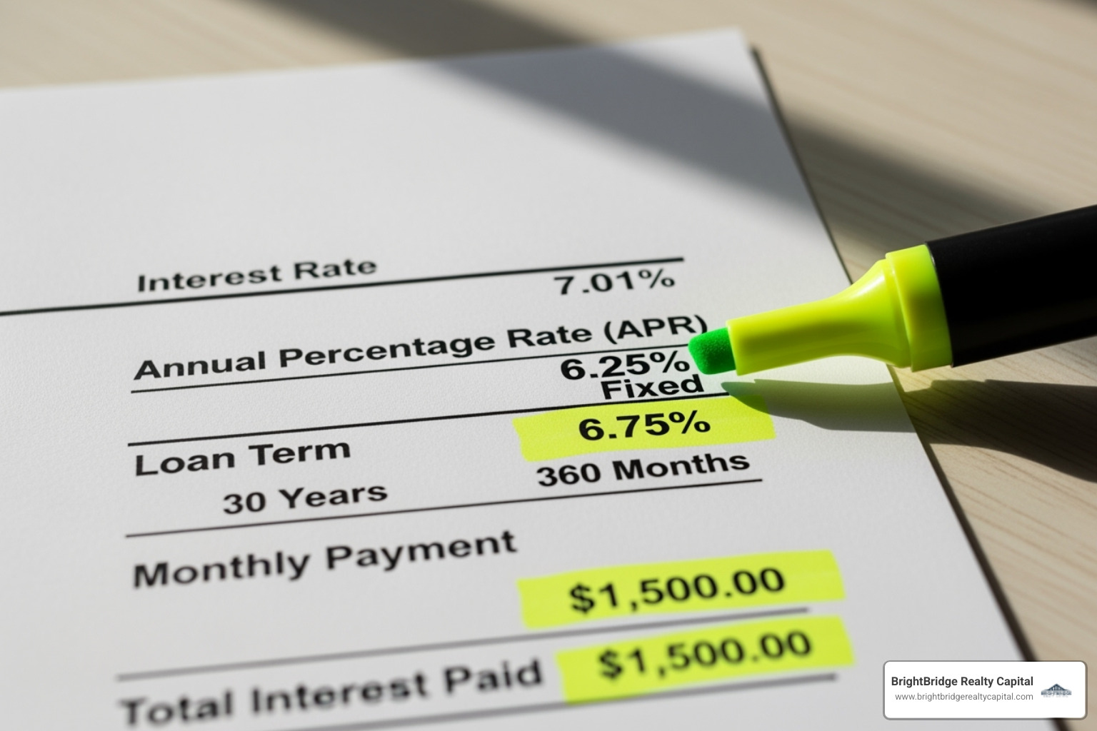 A financial document with highlighted interest rates and loan terms - land development loan A financial document with highlighted interest rates and loan terms - land development loan