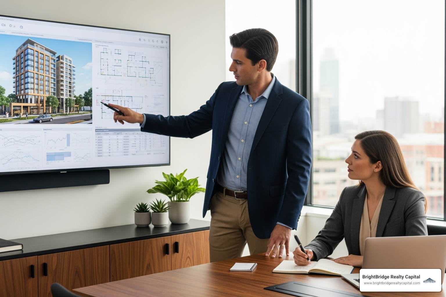 A developer presenting a project plan to a lender - land development loan A developer presenting a project plan to a lender - land development loan