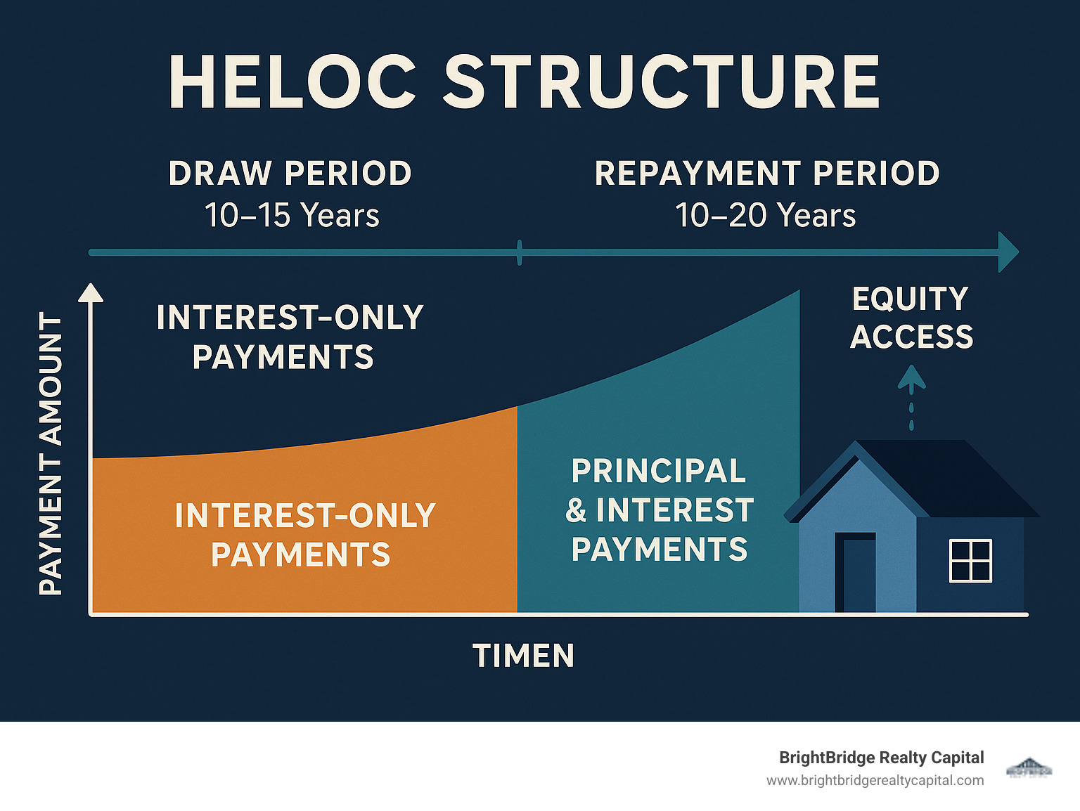 Detailed infographic showing HELOC structure with draw period timeline (10-15 years of interest-only payments) versus repayment period (10-20 years of principal and interest payments), including visual comparison of payment amounts and equity access over time - best heloc rates for investment property infographic Detailed infographic showing HELOC structure with draw period timeline (10-15 years of interest-only payments) versus repayment period (10-20 years of principal and interest payments), including visual comparison of payment amounts and equity access over time - best heloc rates for investment property infographic