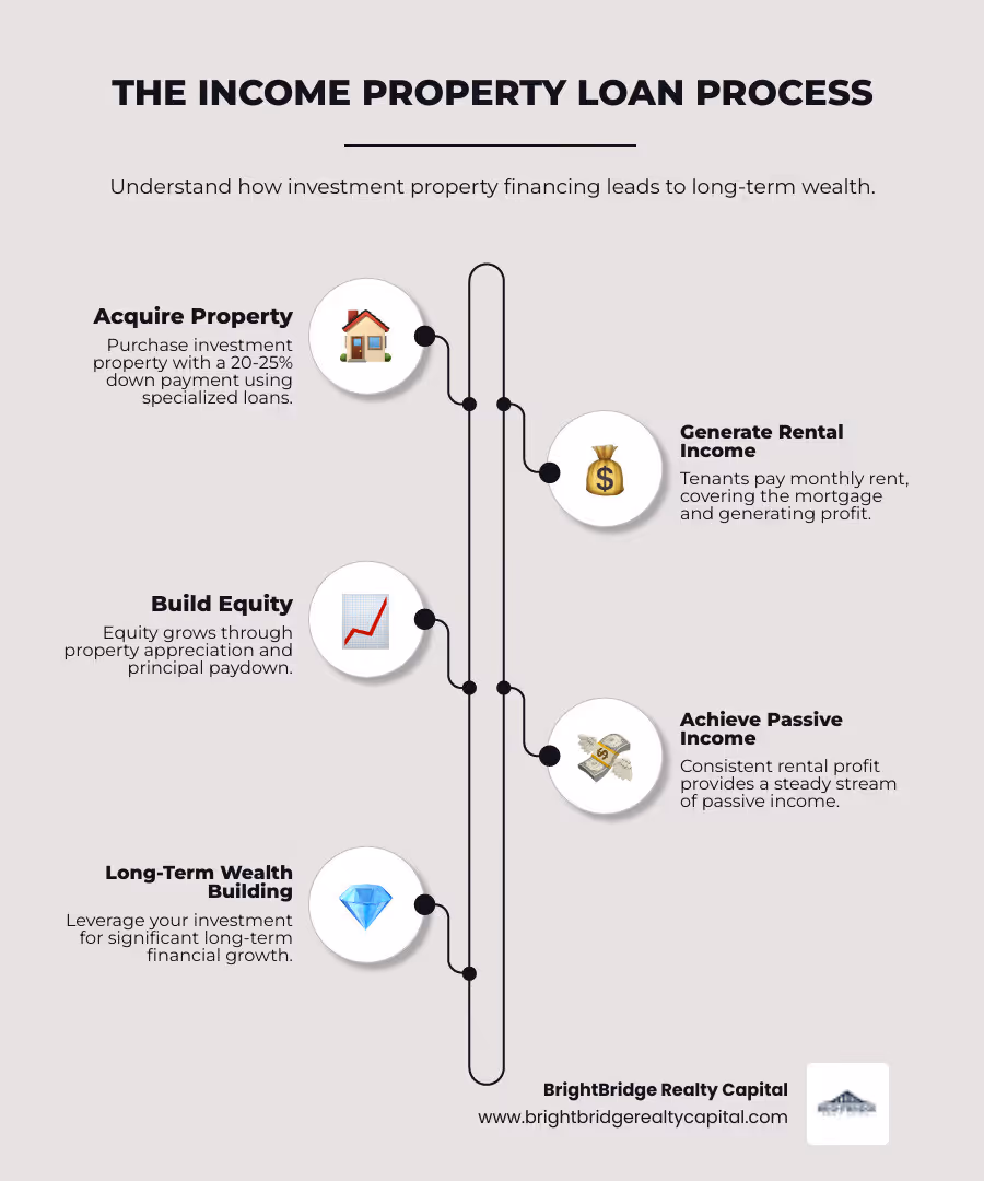Infographic showing the income property loan process: Purchase investment property with 20-25% down payment, tenant pays monthly rent covering mortgage payment plus profit, investor builds equity through appreciation and principal paydown, creating passive income and long-term wealth building - Income property loans infographic infographic-line-5-steps-neat_beige