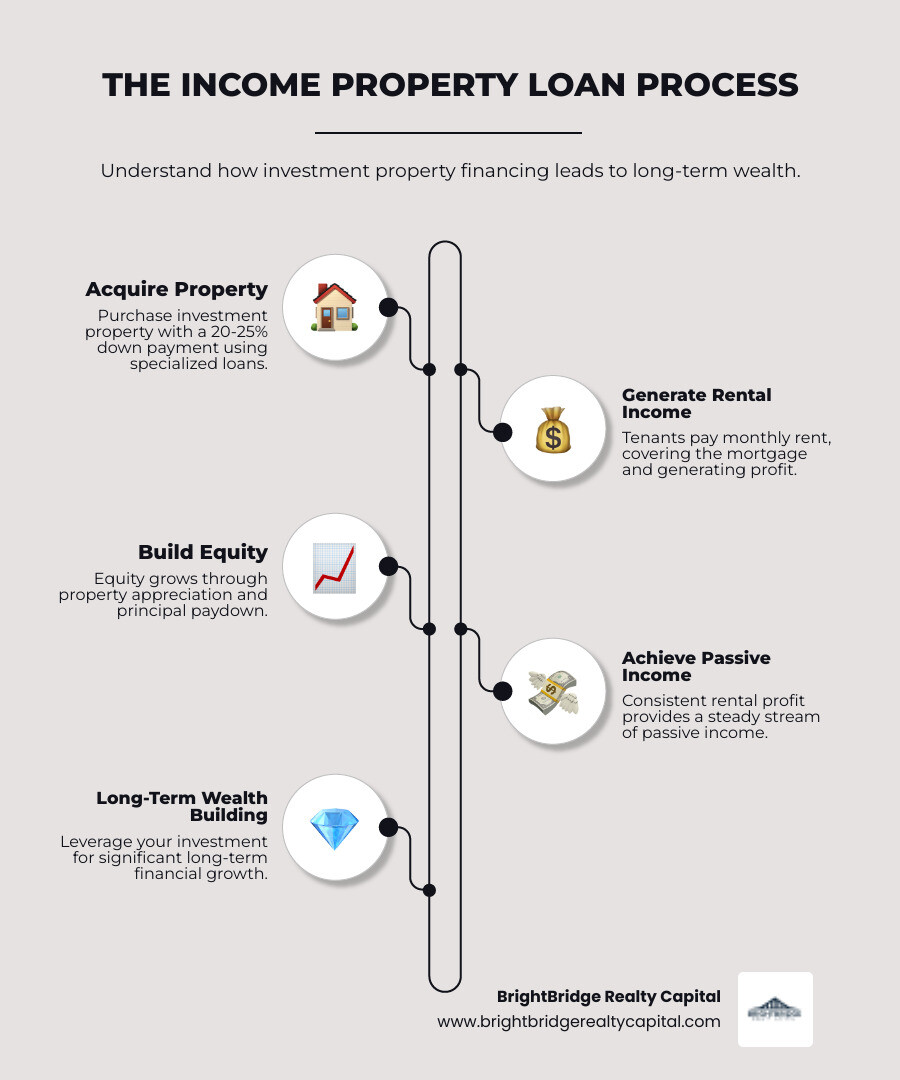 Infographic showing the income property loan process: Purchase investment property with 20-25% down payment, tenant pays monthly rent covering mortgage payment plus profit, investor builds equity through appreciation and principal paydown, creating passive income and long-term wealth building - Income property loans infographic infographic-line-5-steps-neat_beige