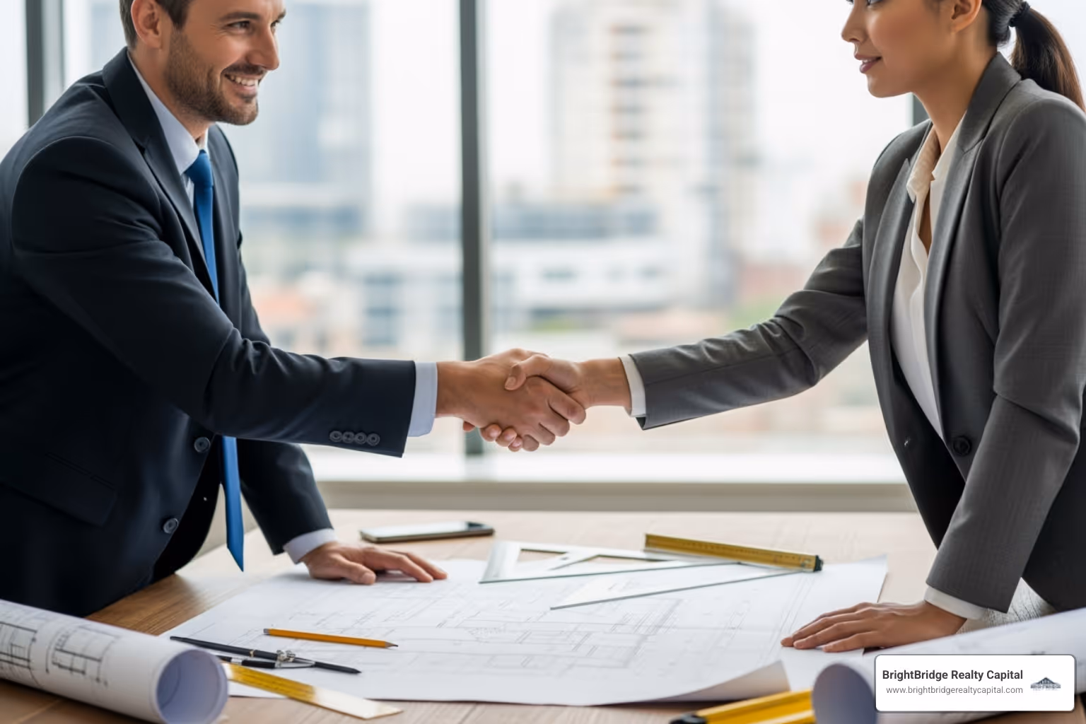 Professionals shaking hands over a blueprint - fix and flip property lenders