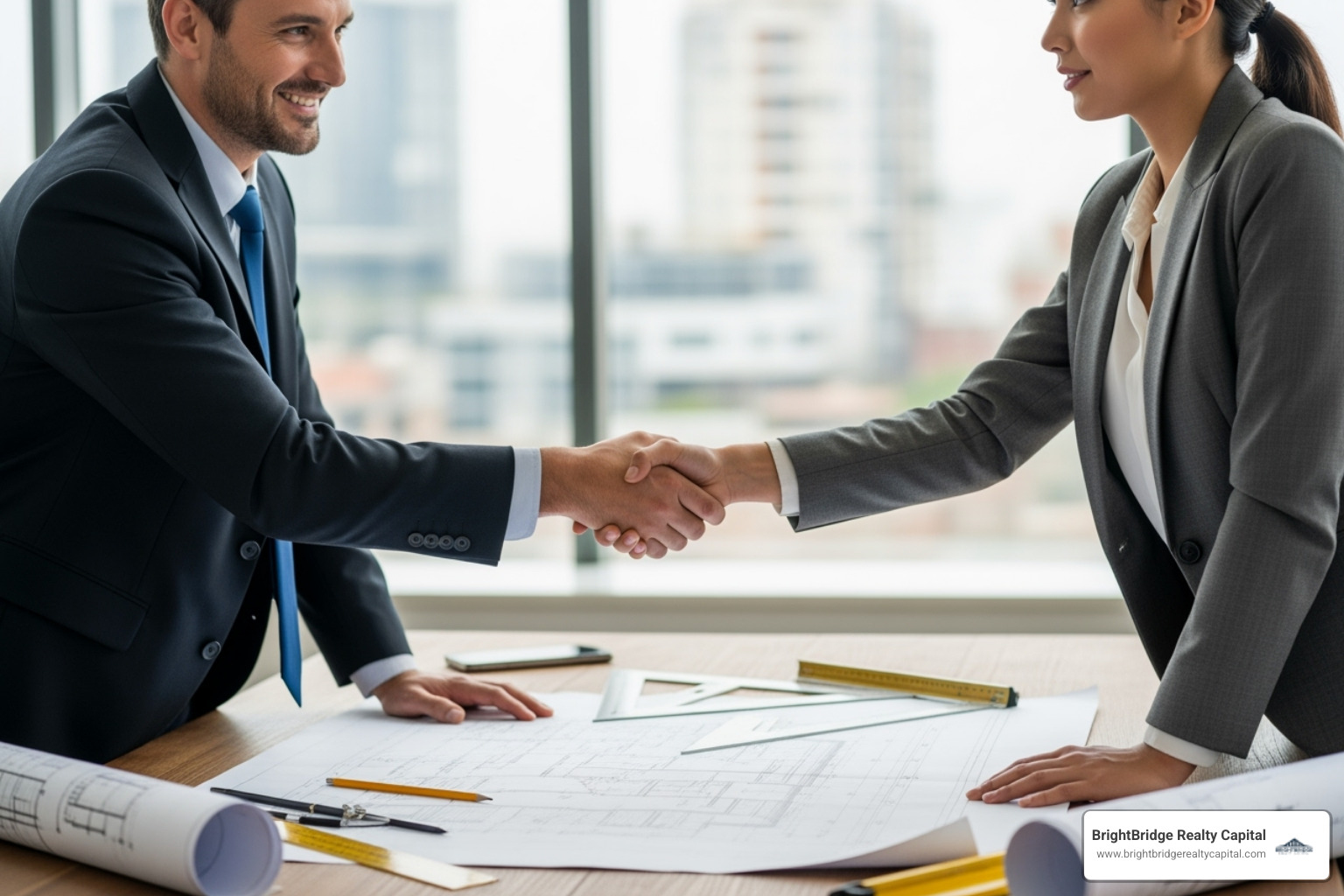 Professionals shaking hands over a blueprint - fix and flip property lenders Professionals shaking hands over a blueprint - fix and flip property lenders