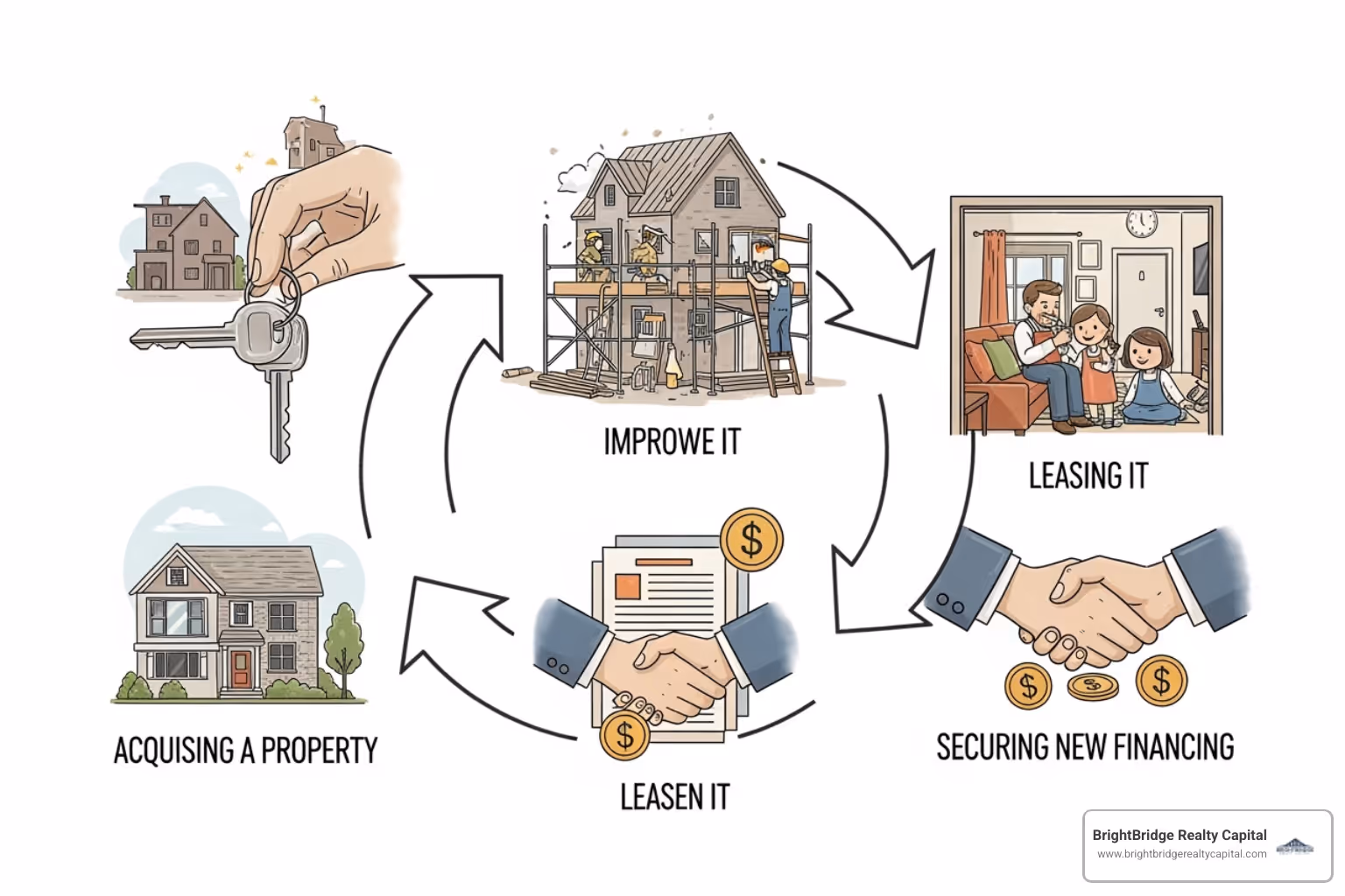 Image illustrating the cyclical nature of the BRRRR strategy: Buy, Rehab, Rent, Refinance, Repeat, with arrows showing the flow from one stage to the next - Fix and hold loans