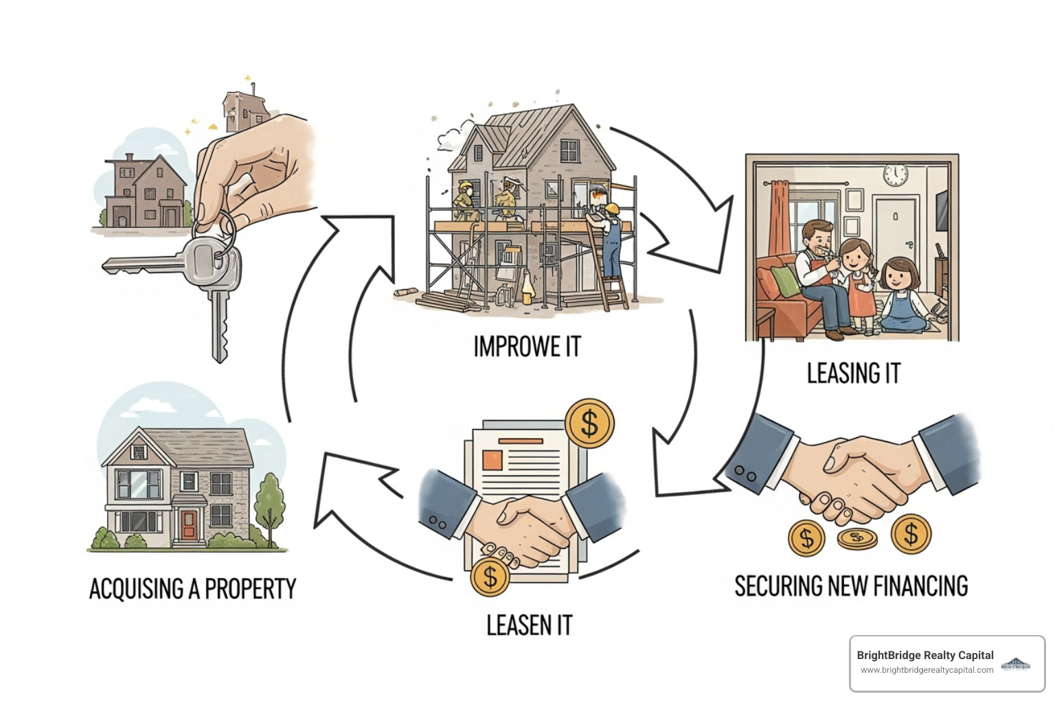 Image illustrating the cyclical nature of the BRRRR strategy: Buy, Rehab, Rent, Refinance, Repeat, with arrows showing the flow from one stage to the next - Fix and hold loans Image illustrating the cyclical nature of the BRRRR strategy: Buy, Rehab, Rent, Refinance, Repeat, with arrows showing the flow from one stage to the next - Fix and hold loans