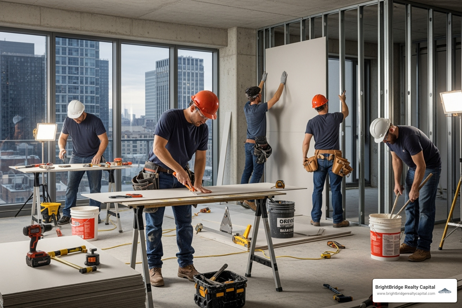 construction crew renovating an apartment interior - multifamily bridge loan