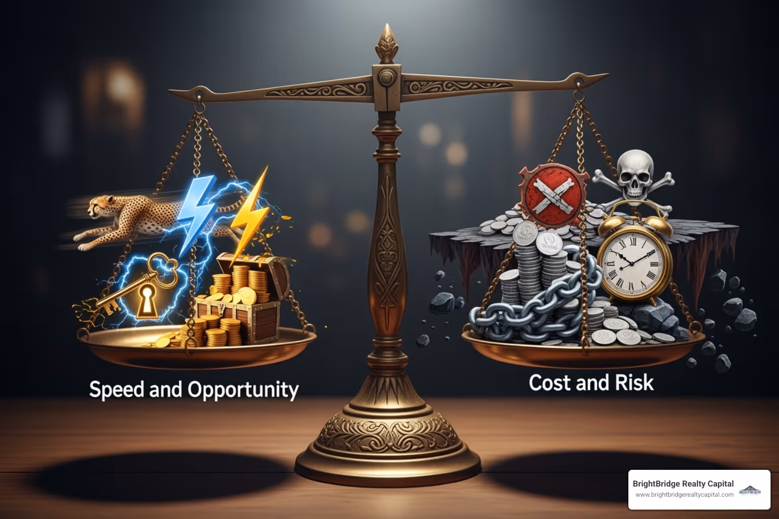 A scale balancing "Speed & Opportunity" on one side and "Cost & Risk" on the other - bridge loans for early stage companies